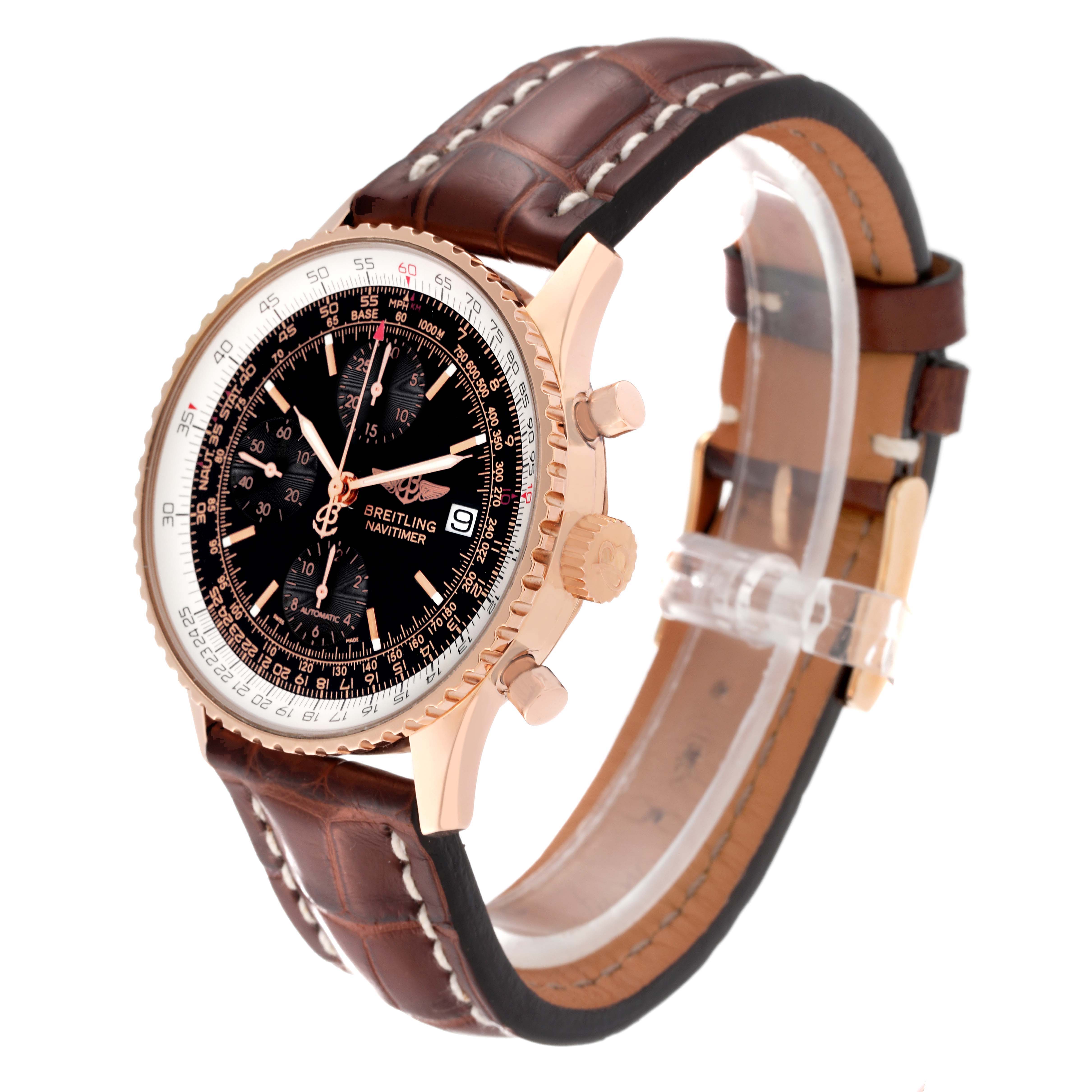 The Breitling Navitimer R13323 Men's Rose Gold Black Dial R13323 Men's Rose Gold Black Dial watch is shown at a three-quarter angle, highlighting the face, bezel, crown, pushers, and strap.