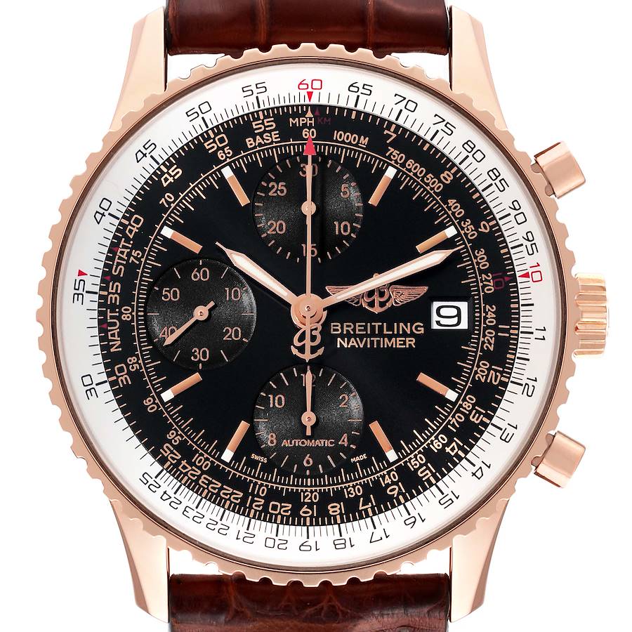 The image shows a front view of a Breitling Navitimer watch featuring a black dial, three sub-dials, a date window, and a brown leather strap.