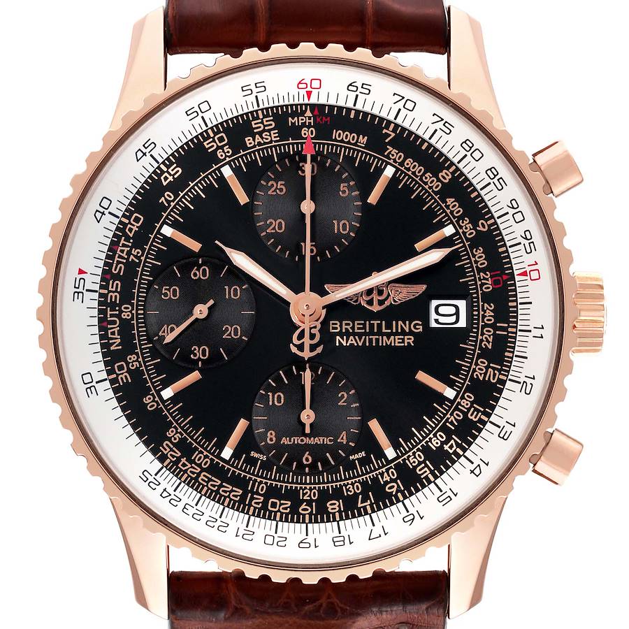 The Breitling Navitimer R13323 Men
s Rose Gold Black Dial R13323 Men
s Rose Gold Black Dial watch is shown from the front, displaying its bezel, dial, subdials, and brown leather strap.