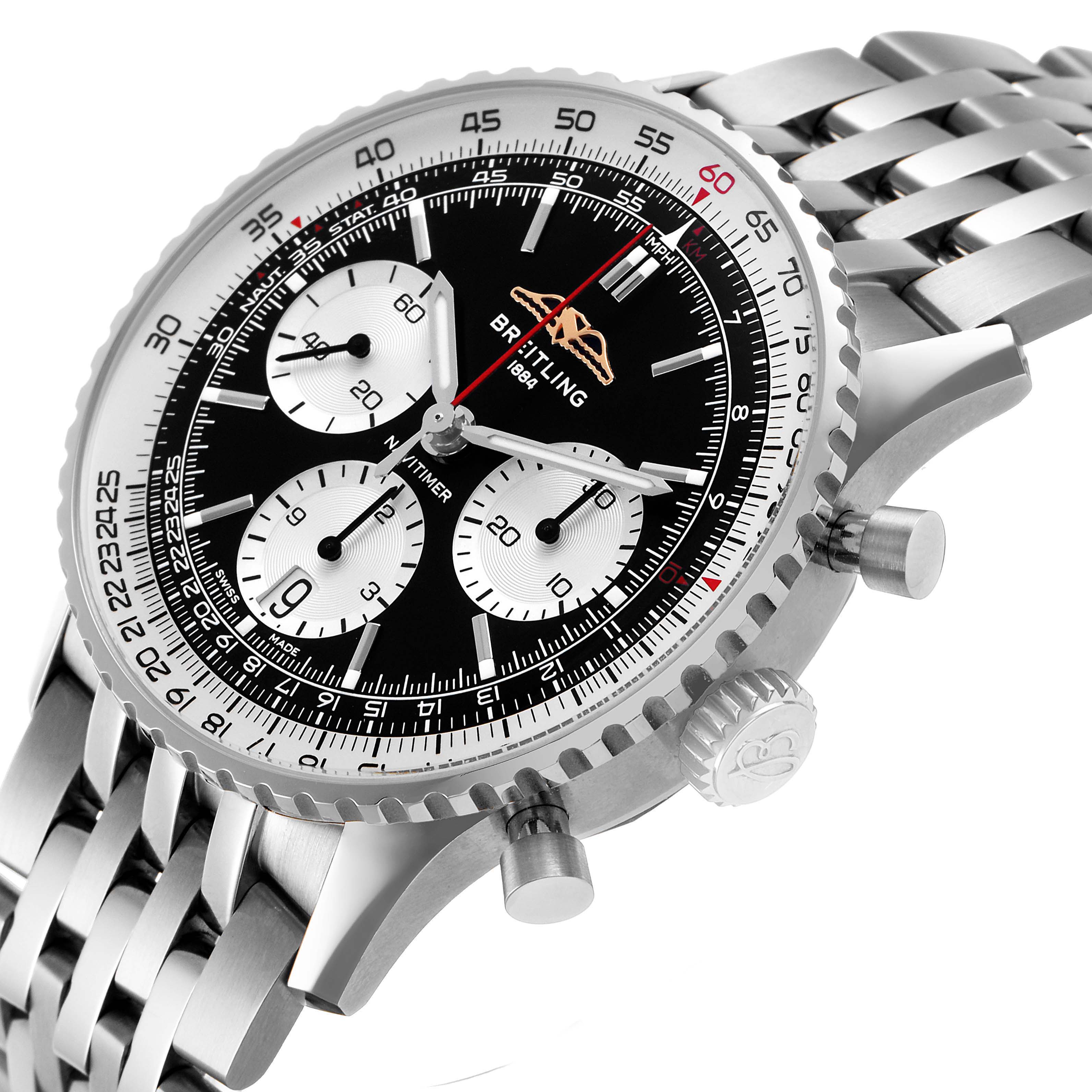 The Breitling Navitimer AB0139 Men's Stainless Steel Black Dial watch is shown at a slightly tilted angle, highlighting the bezel, crown, pushers, and bracelet.