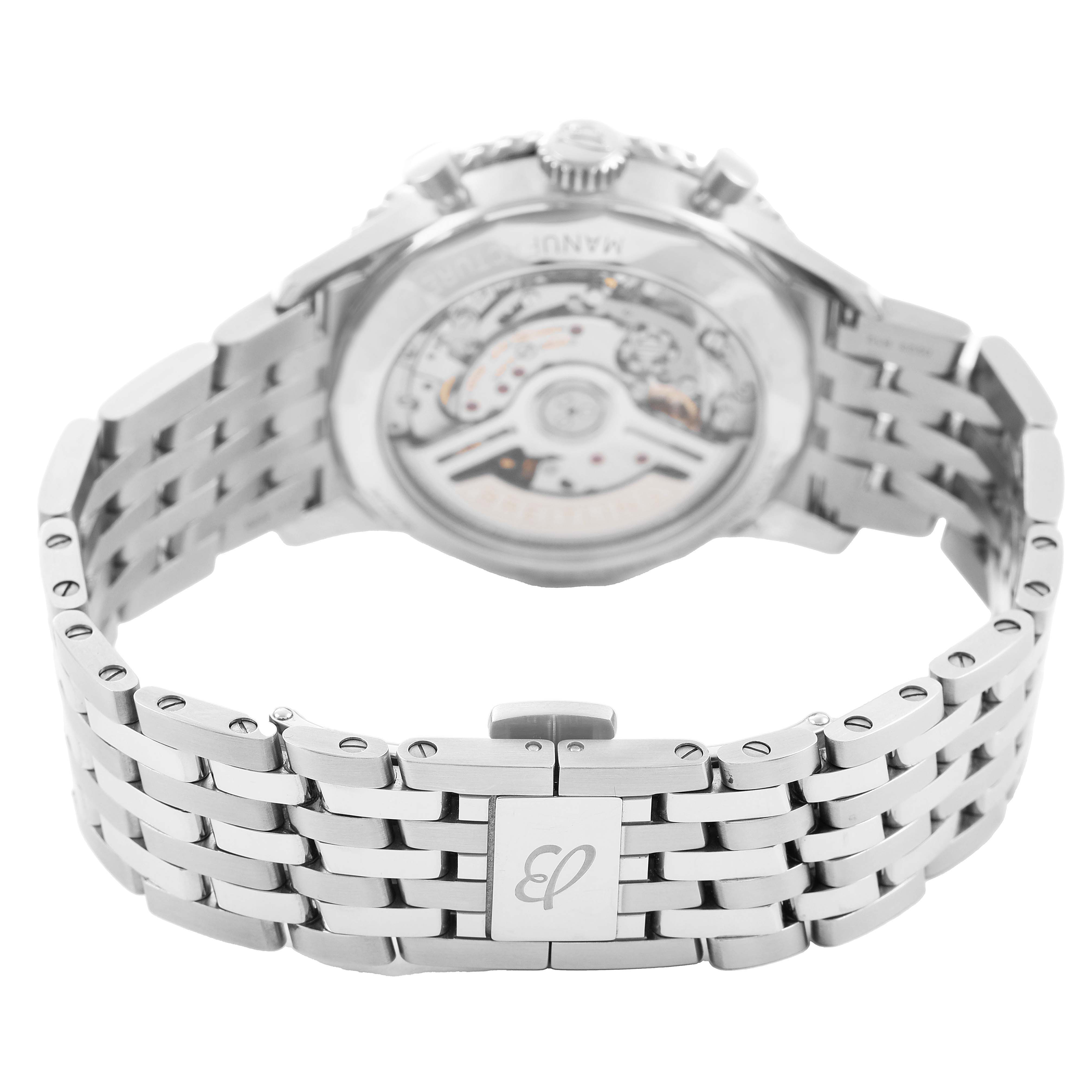 The image shows the back view of the Breitling Navitimer AB0139 Men's Stainless Steel Black Dial, focusing on its metal bracelet and transparent case back.