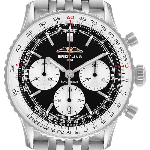 The Breitling Navitimer AB0139 Men's Stainless Steel Black Dial watch is shown from the front, displaying the dial, subdials, bezel, and bracelet.