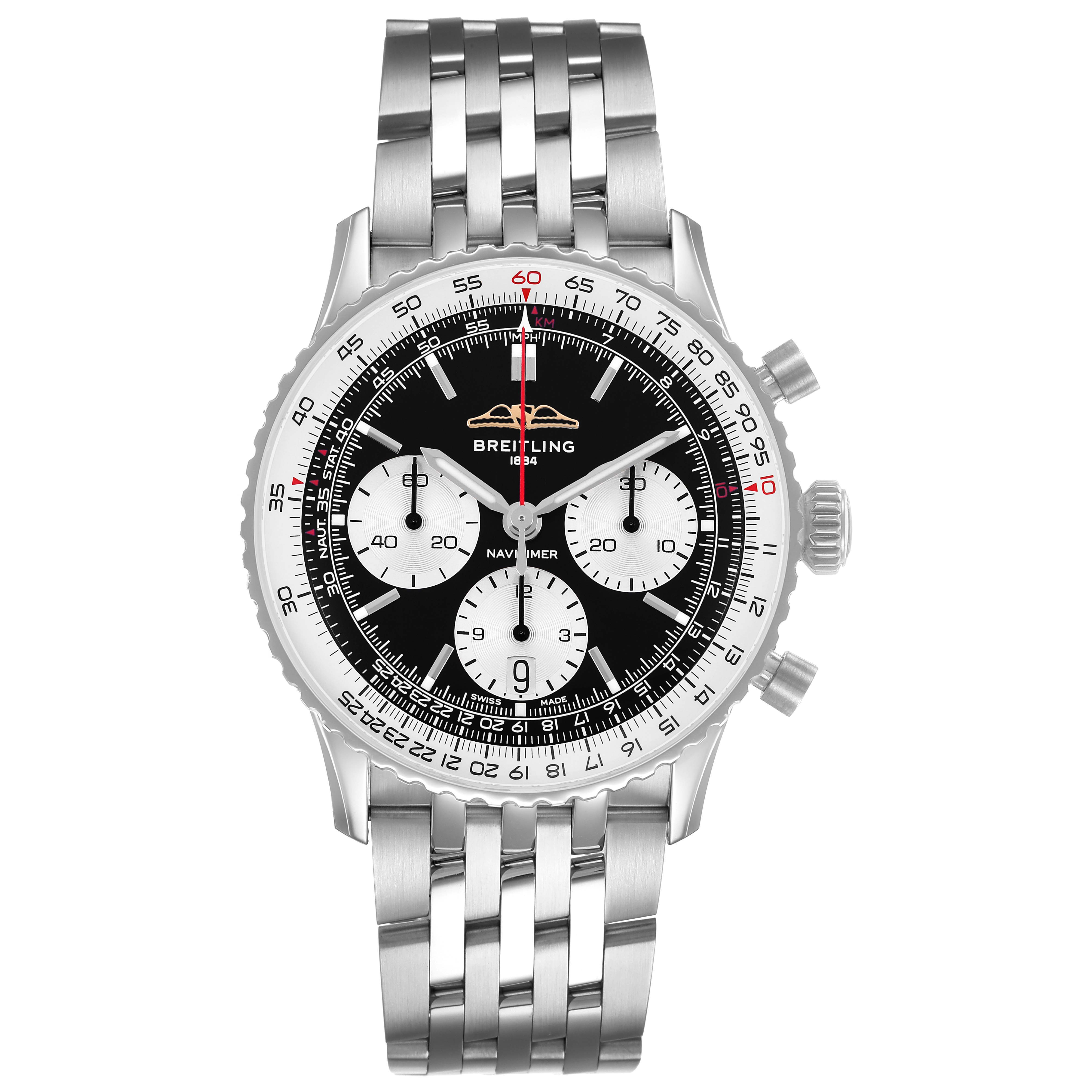 The Breitling Navitimer AB0139 Men's Stainless Steel Black Dial watch is shown from the front, displaying its face, bezel, three subdials, and bracelet.