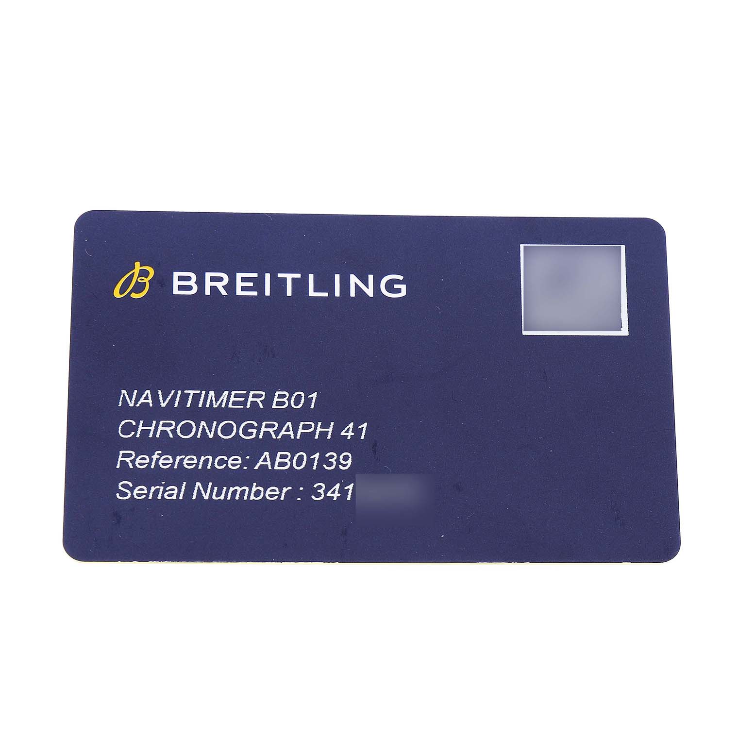 The image shows a Breitling Navitimer AB0139 Men's Stainless Steel Black Dial B01 Chronograph 41 warranty card.