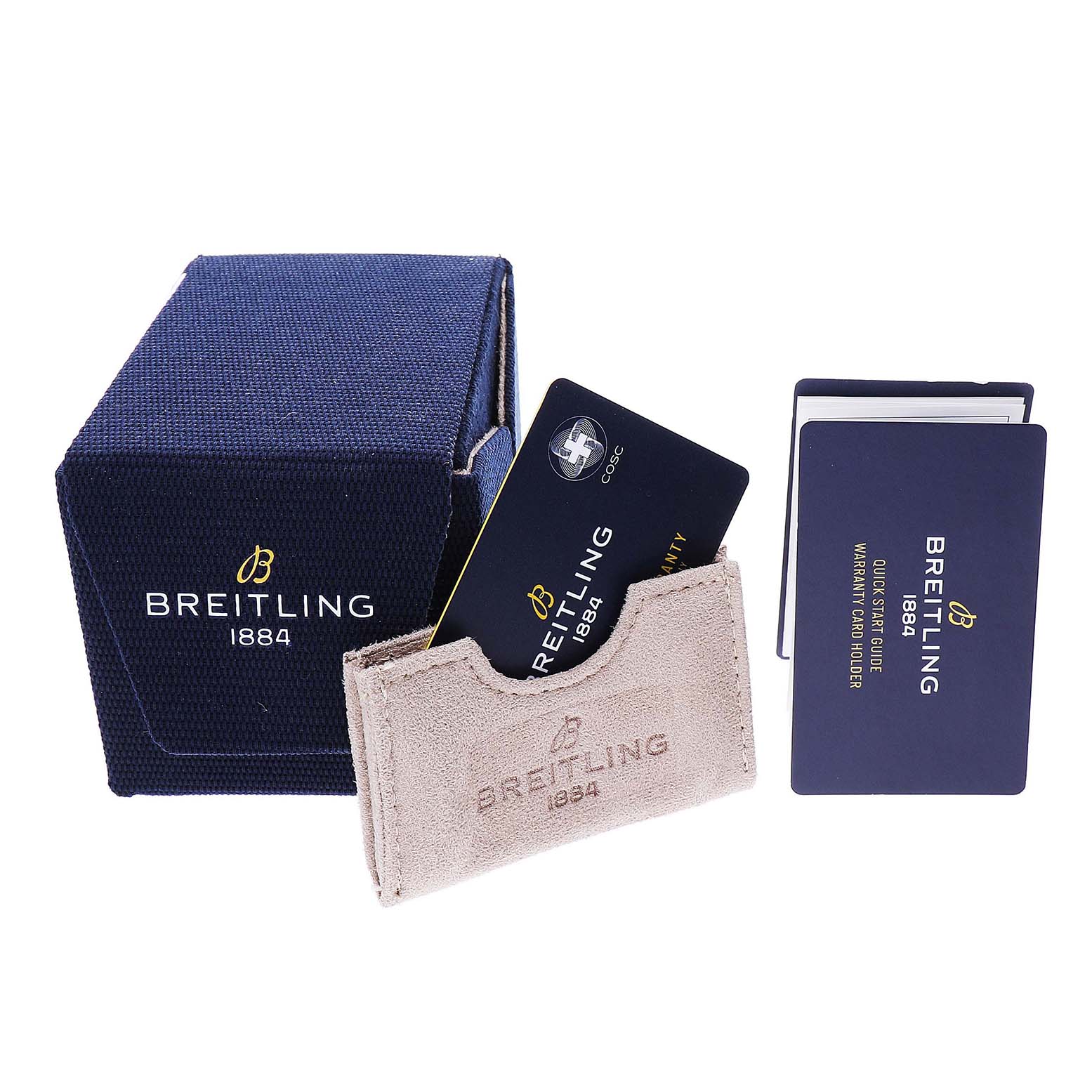 The image shows a Breitling Navitimer AB0139 Men's Stainless Steel Black Dial box, warranty card, cardholder, and user guide from a frontal angle.