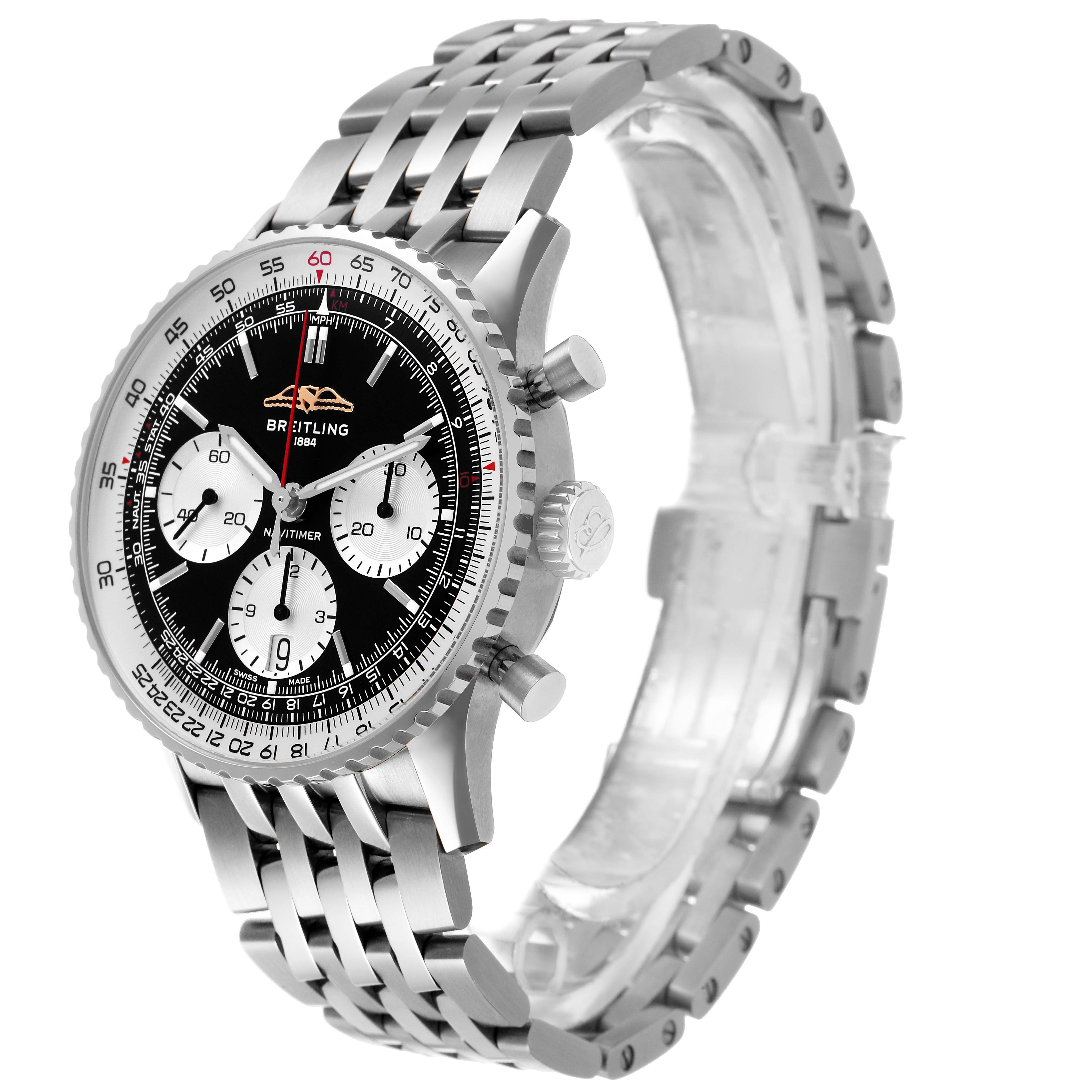 The Breitling Navitimer AB0139 Men's Stainless Steel Black Dial watch is shown at a slight side angle, displaying the dial, bezel, crown, and bracelet.