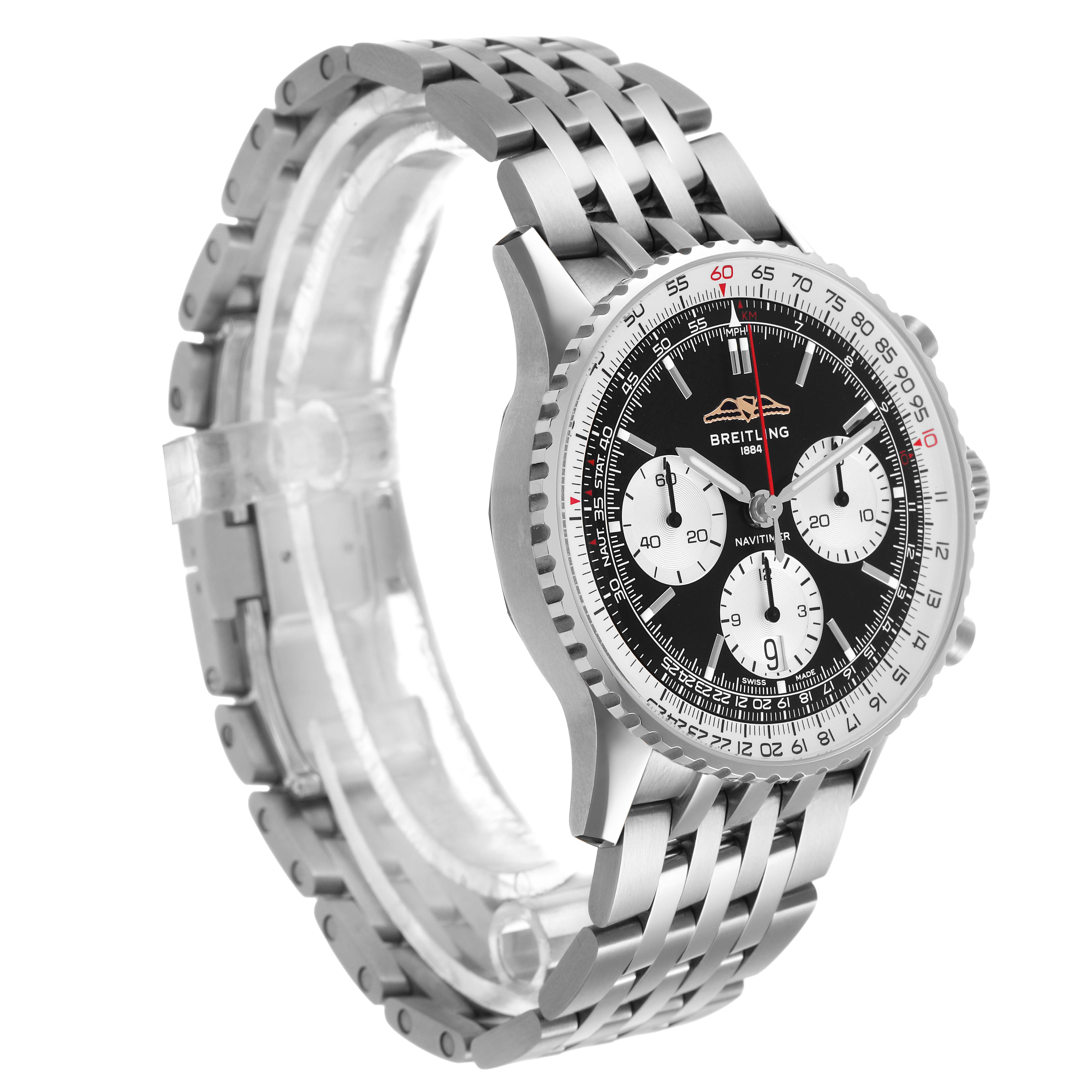 The Breitling Navitimer AB0139 Men's Stainless Steel Black Dial watch is shown at a slight angle, displaying its dial, bezel, and metal bracelet fully.