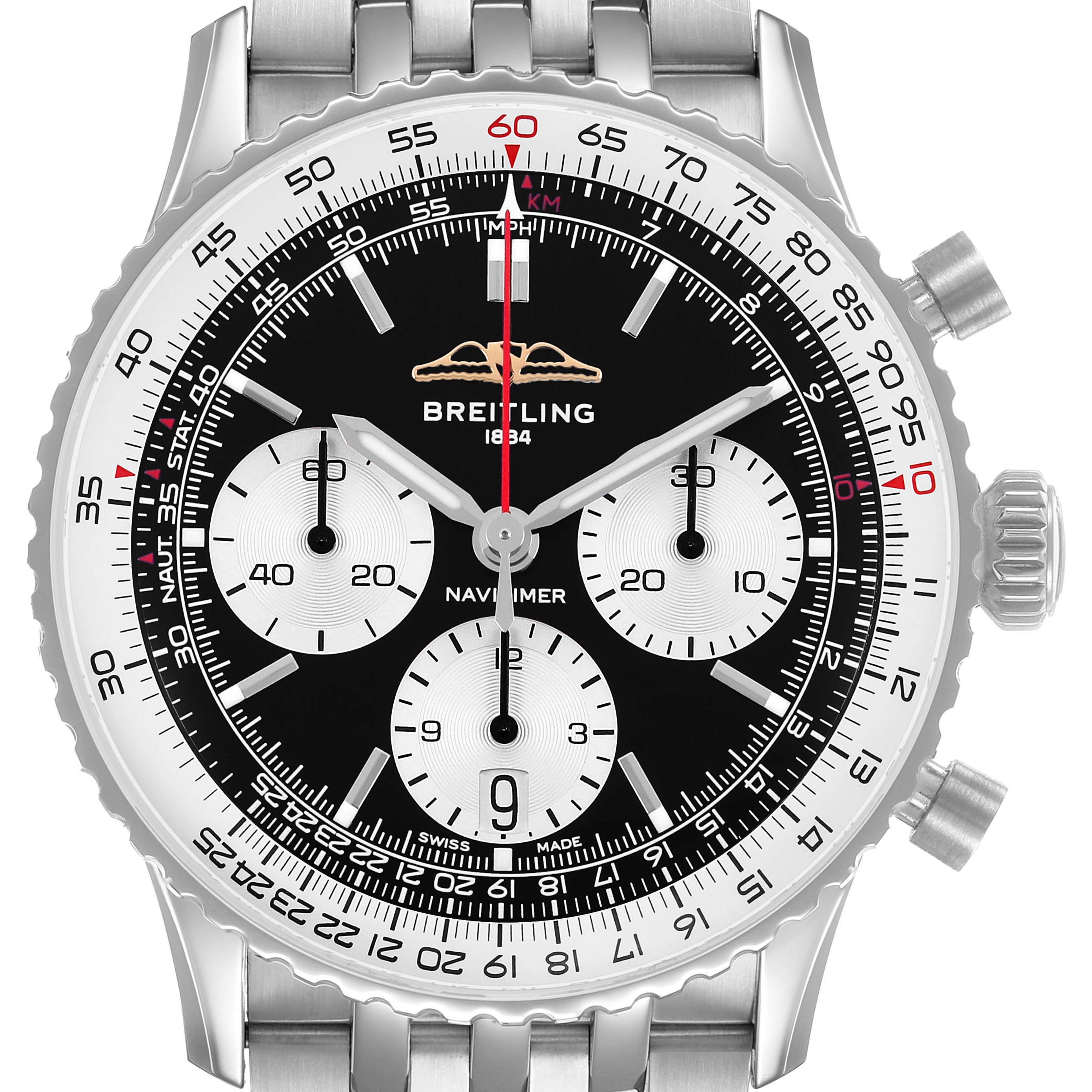 The Breitling Navitimer AB0139 Men's Stainless Steel Black Dial watch is shown from a front angle, displaying the dial, bezel, and bracelet.