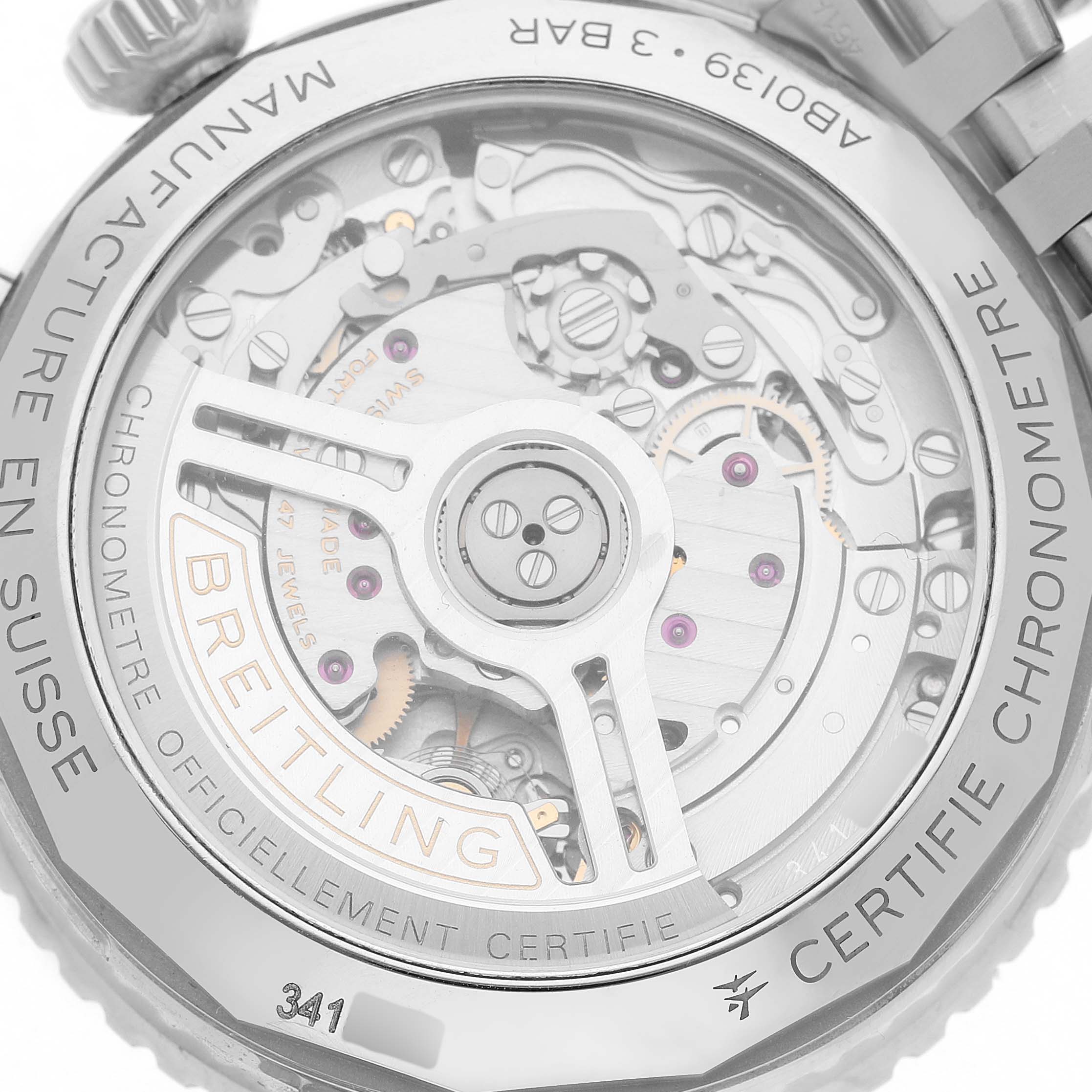 The image shows the back of a Breitling Navitimer AB0139 Men's Stainless Steel Black Dial, featuring its intricate movement and engraved brand markings.