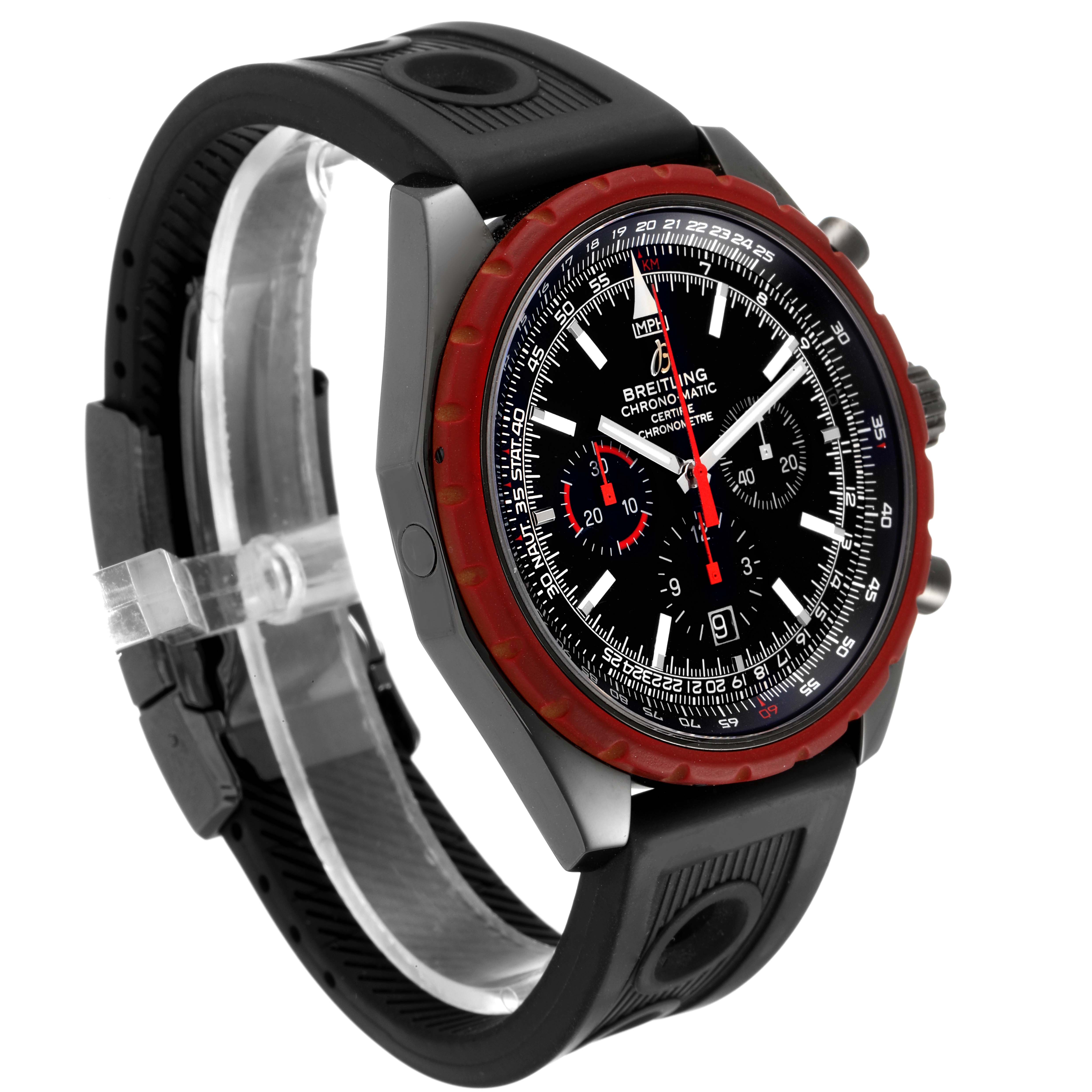 The Breitling Chronomatic M14360 Men
s Stainless Steel Black Dial M14360 Men
s Stainless Steel Black Dial watch is shown at an angle highlighting its face, bezel, and part of the strap.