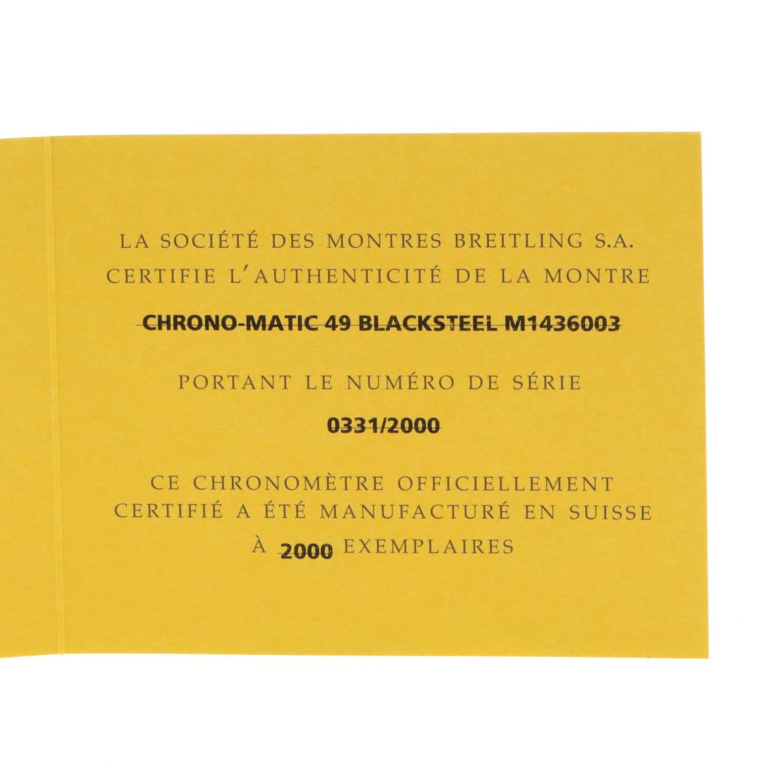 This image shows the Best Quality
ity certificate for the Breitling Chronomatic M14360 Men
s Stainless Steel Black Dial M14360 Men
s Stainless Steel Black Dial 49 Blacksteel model M1436003.