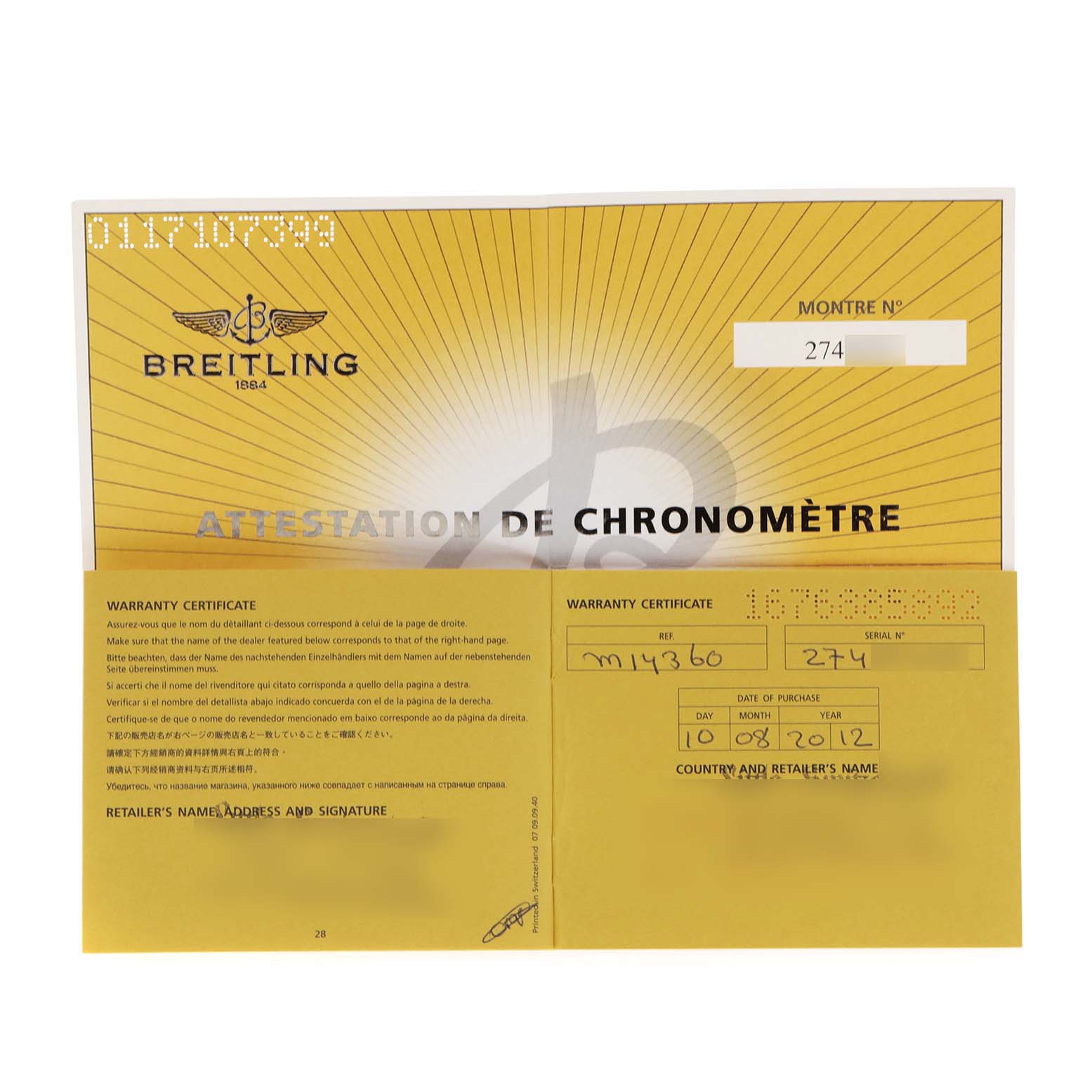 This image shows a warranty certificate for the Breitling Chronomatic M14360 Men
s Stainless Steel Black Dial M14360 Men
s Stainless Steel Black Dial watch model.