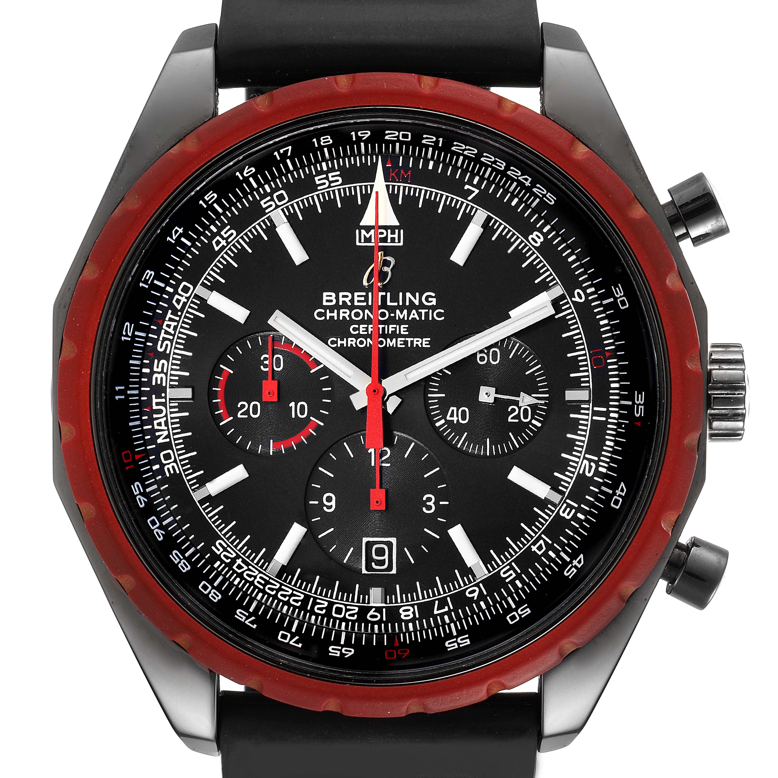 The image shows a Breitling Chronomatic M14360 Men
s Stainless Steel Black Dial M14360 Men
s Stainless Steel Black Dial watch from a front angle, displaying the dial, bezel, crown, and pushers.