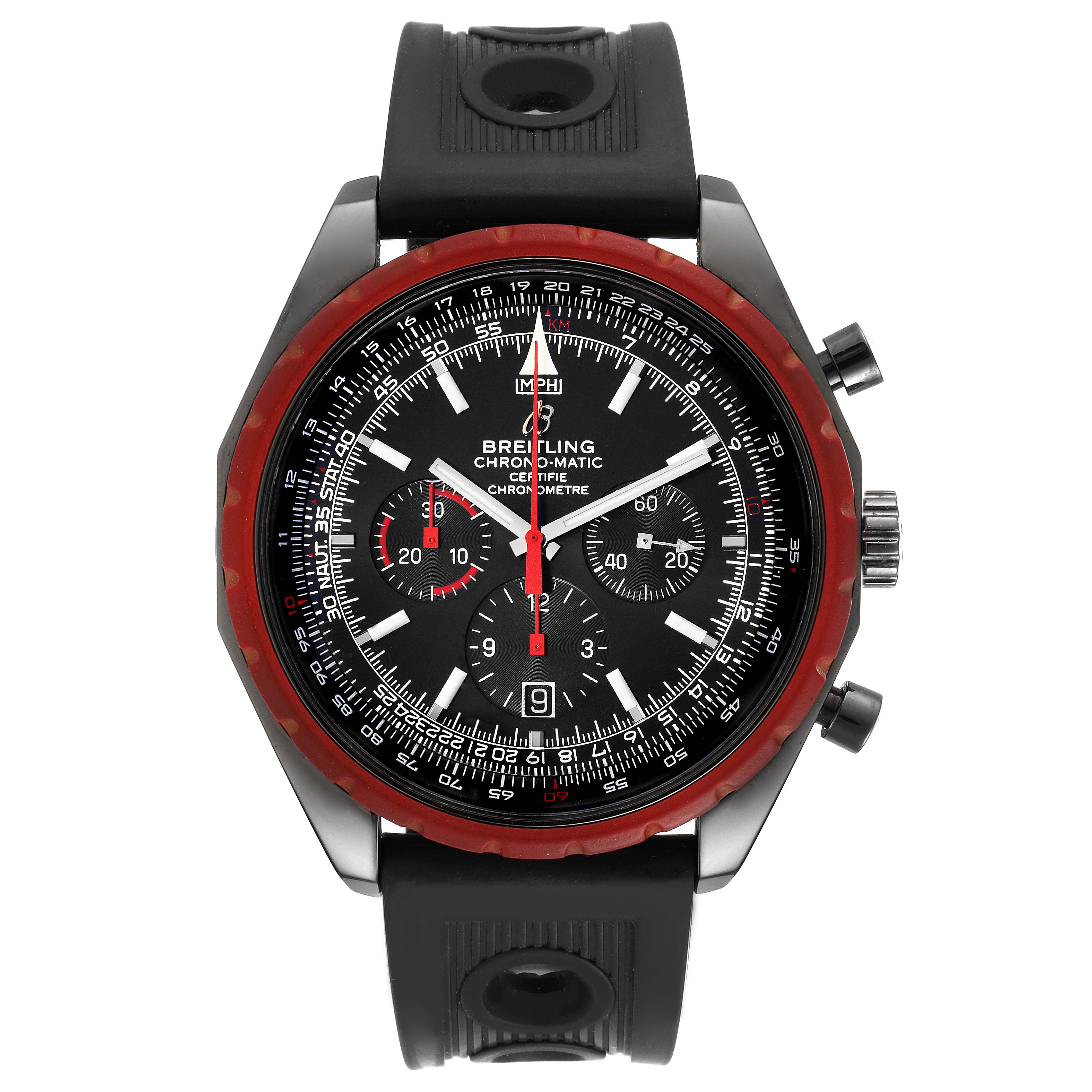 This image shows a front view of the Breitling Chronomatic M14360 Men
s Stainless Steel Black Dial M14360 Men
s Stainless Steel Black Dial watch, displaying the dial, bezel, and pushers.