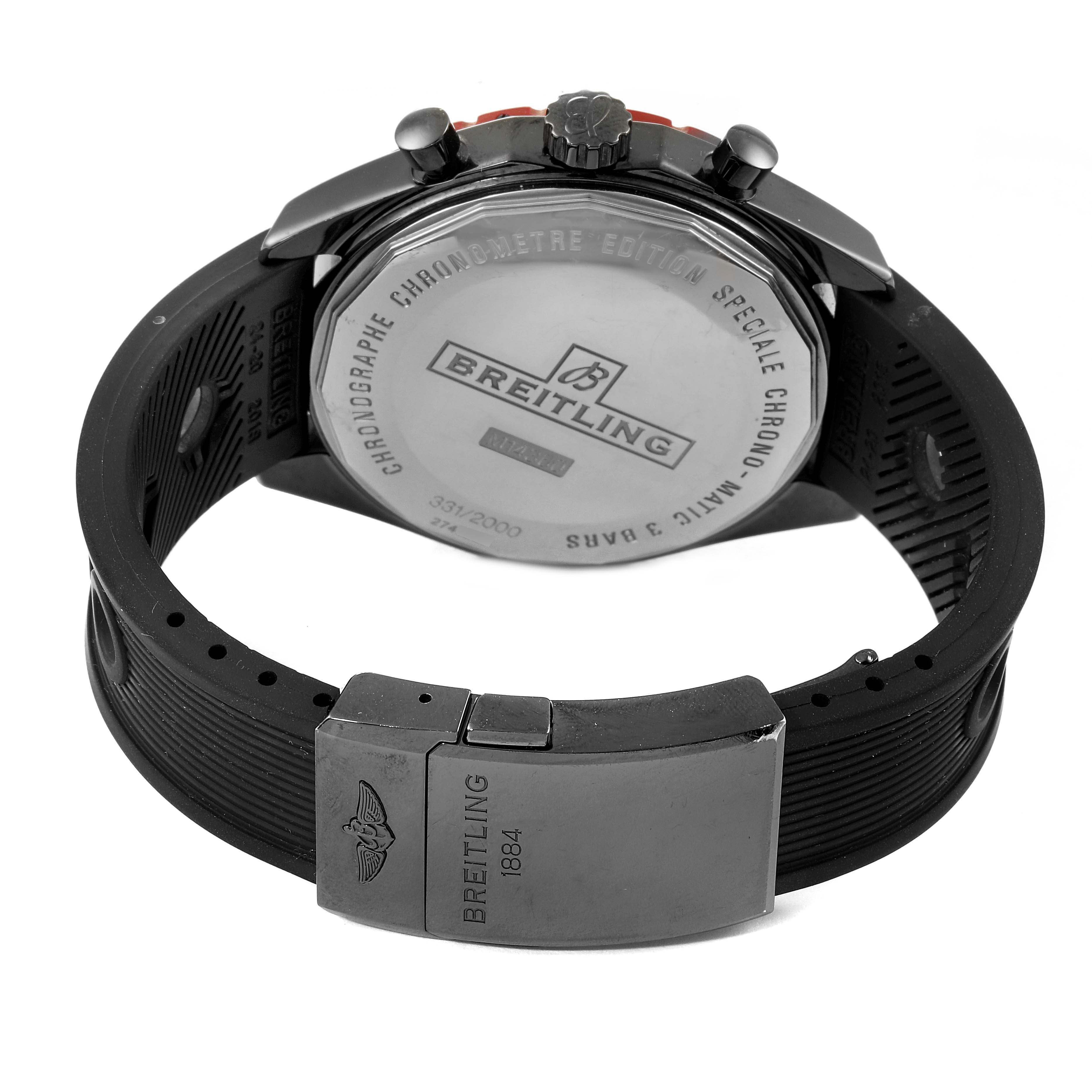 The image shows the back and clasp of a Breitling Chronomatic M14360 Men
s Stainless Steel Black Dial M14360 Men
s Stainless Steel Black Dial watch, emphasizing the brand
s logo and the model details.