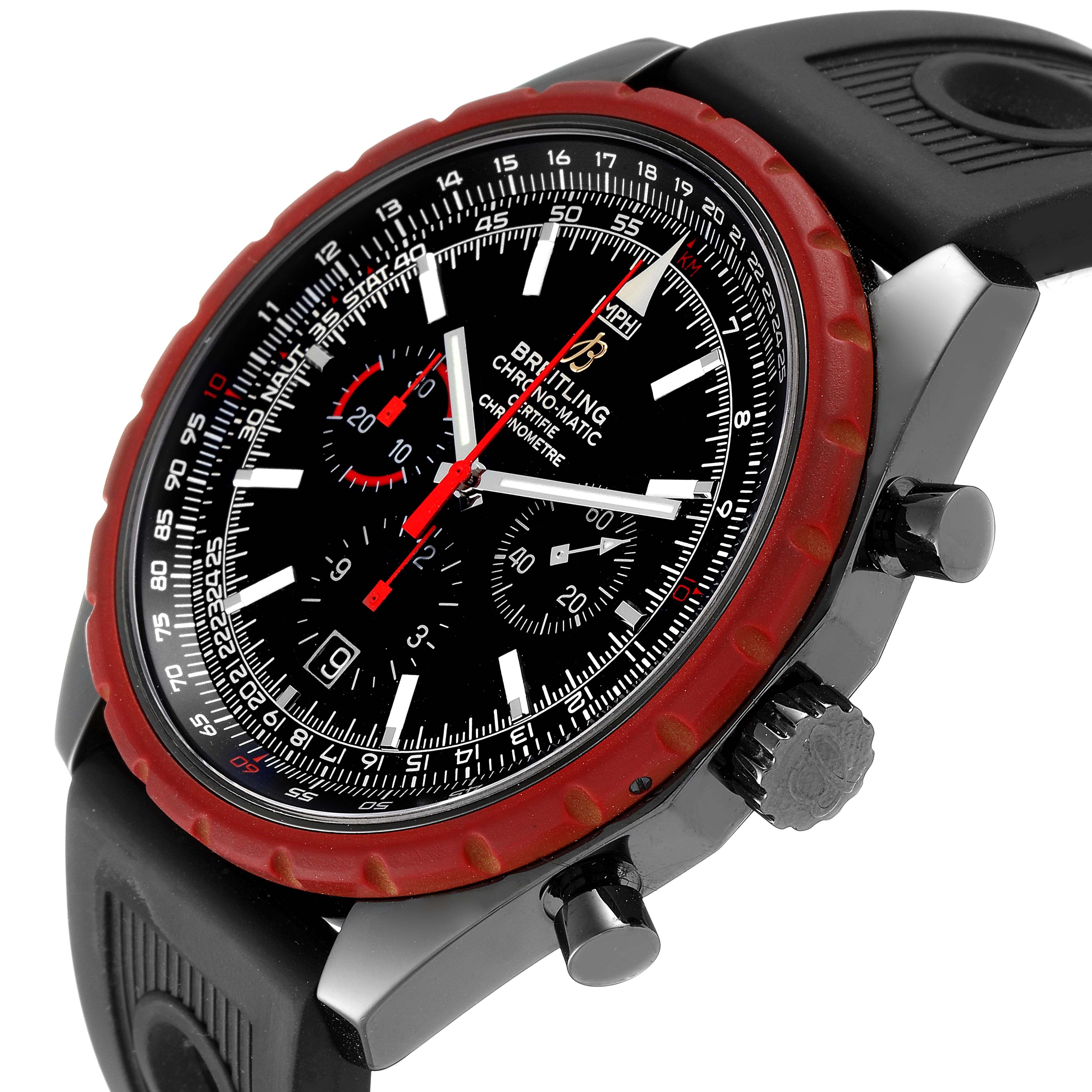 The Breitling Chronomatic M14360 Men
s Stainless Steel Black Dial M14360 Men
s Stainless Steel Black Dial watch is shown at an angled side view, highlighting the face, bezel, crown, and part of the strap.