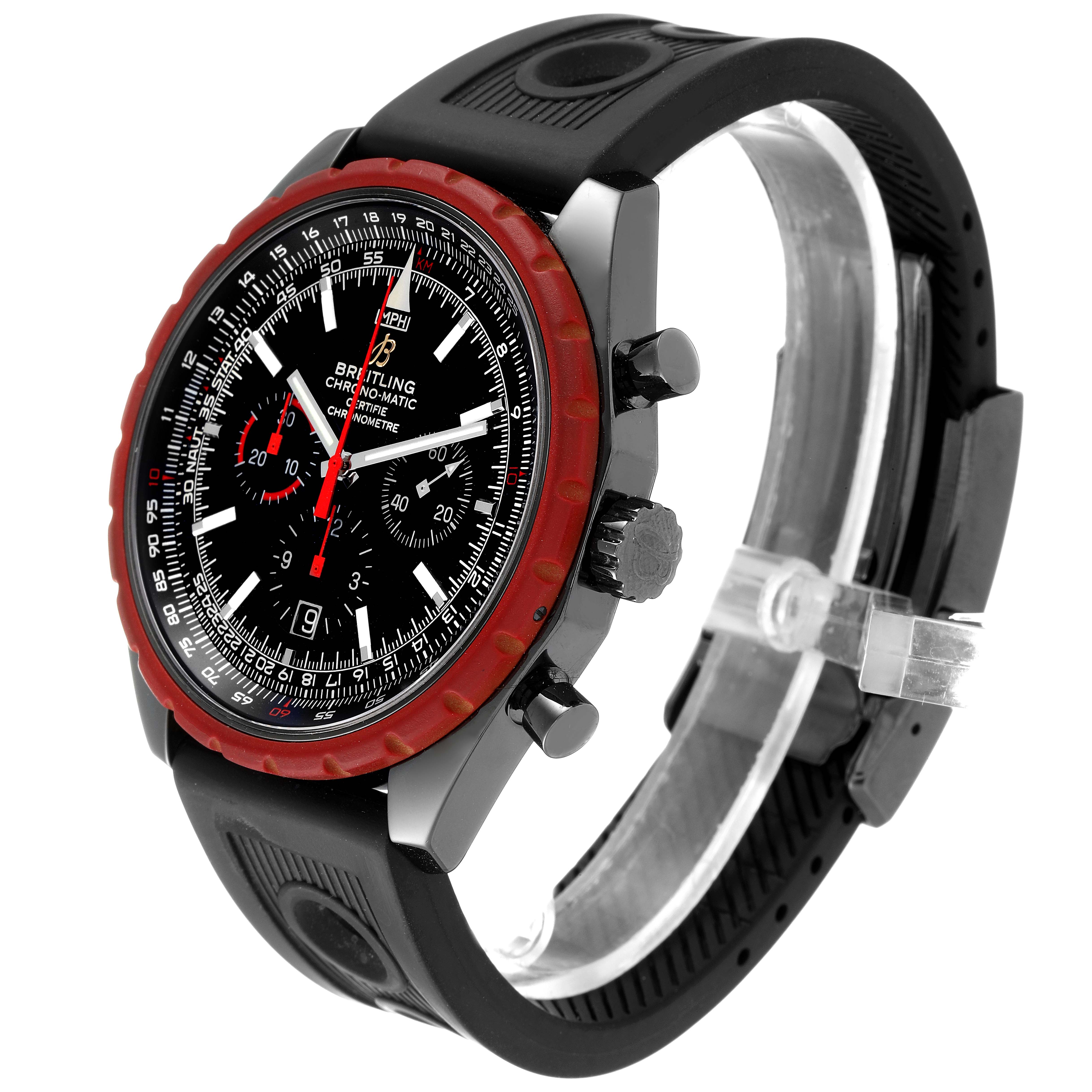 This image shows a Breitling Chronomatic M14360 Men
s Stainless Steel Black Dial M14360 Men
s Stainless Steel Black Dial watch at a three-quarter angle, highlighting its face, bezel, crown, and strap.