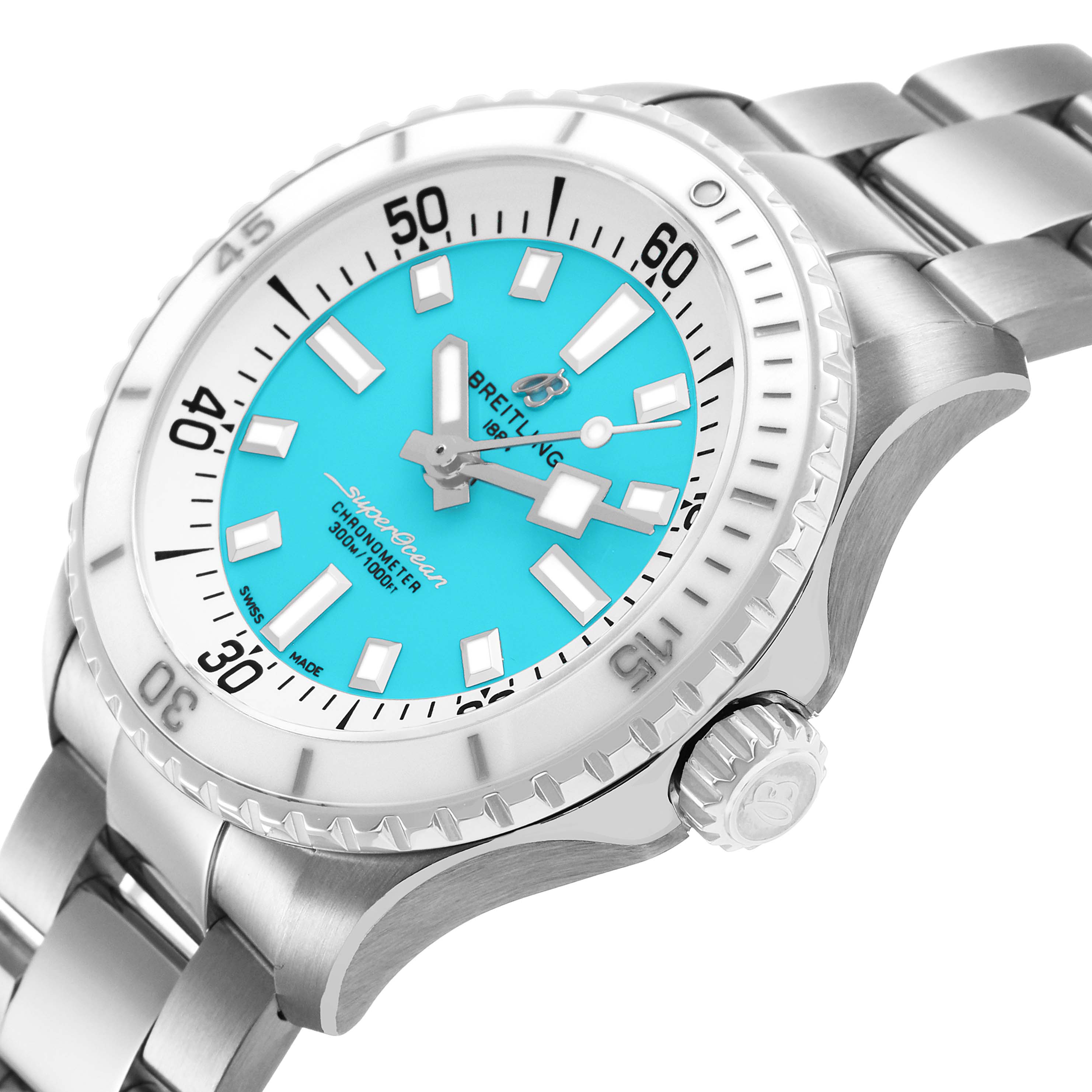 The Breitling A17377211C1A1 Women's Stainless Steel Blue Dial Superocean 36 features a side angle showing its blue dial, bezel, crown, and steel bracelet.