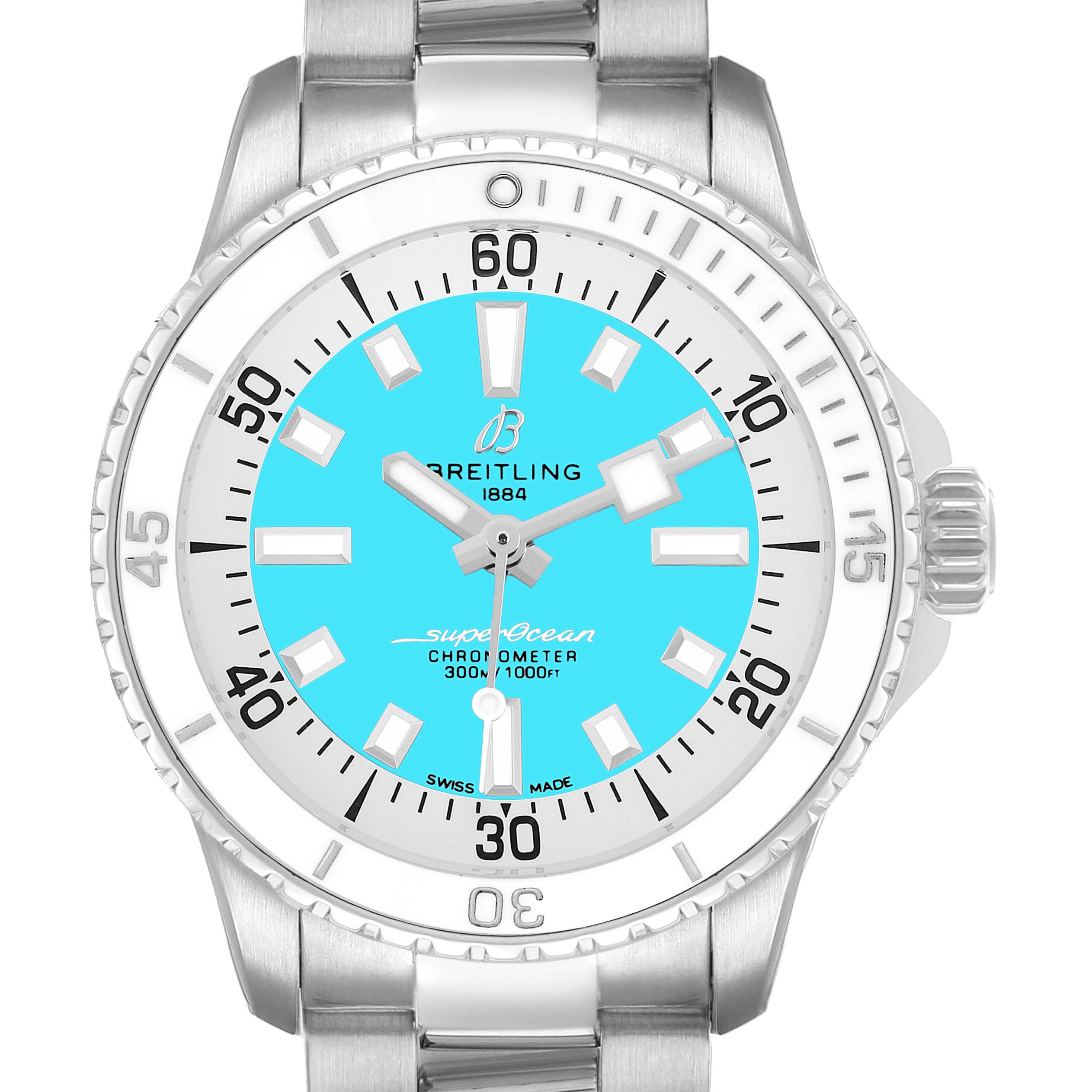 The Breitling A17377211C1A1 Women's Stainless Steel Blue Dial Superocean 36 A17377 is shown from a front view, highlighting its white and blue dial and stainless steel case.