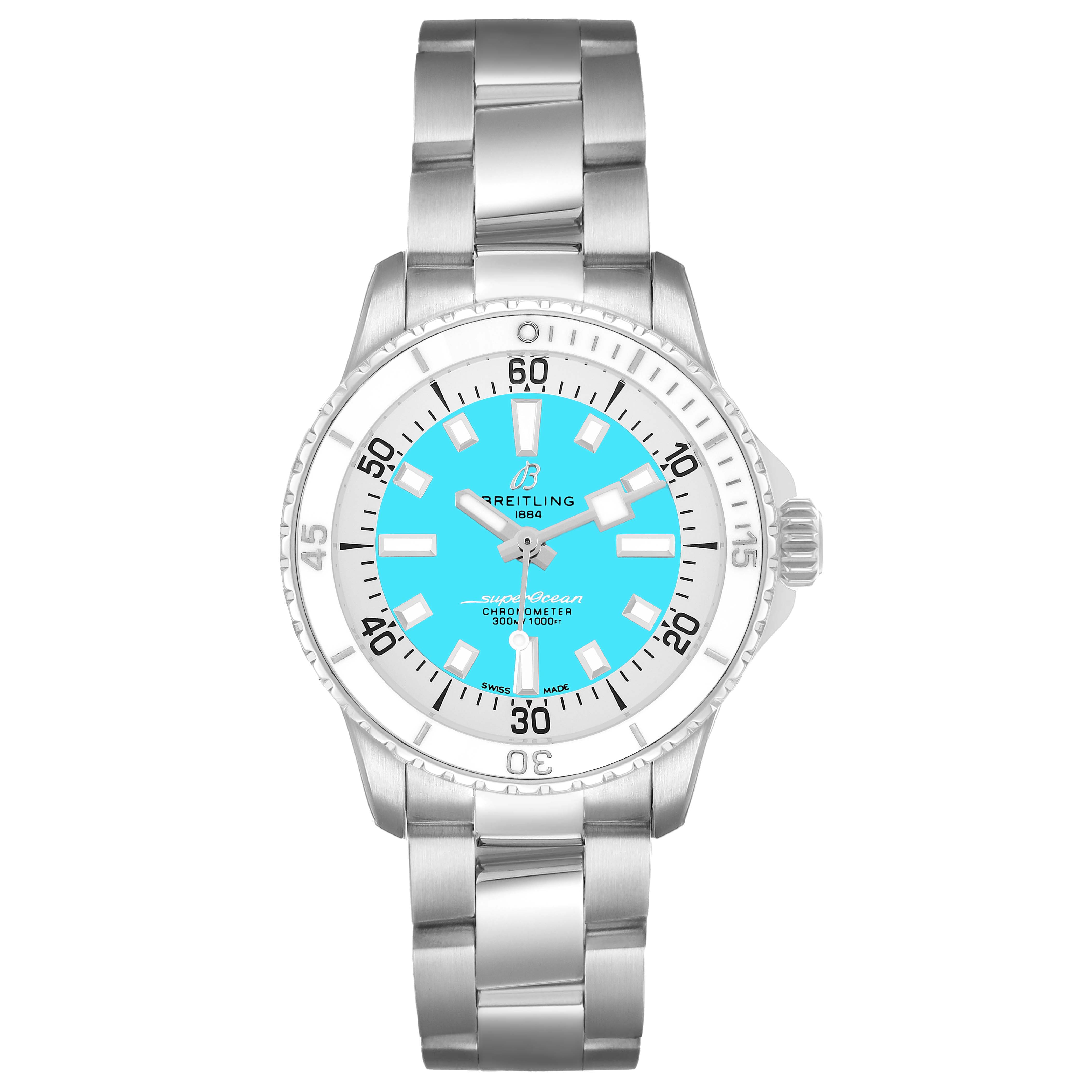 The Breitling A17377211C1A1 Women's Stainless Steel Blue Dial Superocean 36 A17377 is shown from a top view, displaying its blue dial, steel bezel, and bracelet.