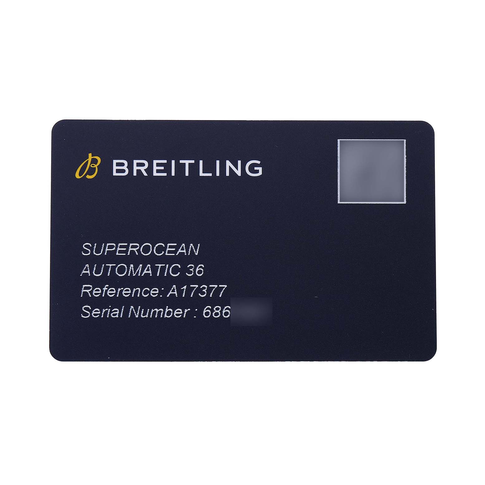 The image shows a warranty card for the Breitling A17377211C1A1 Women's Stainless Steel Blue Dial Superocean 36, with details like the reference and serial number.