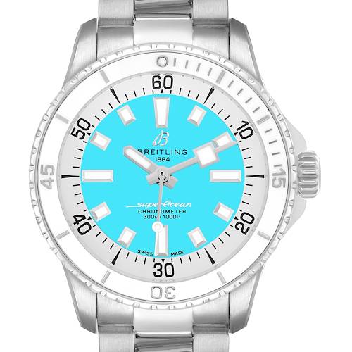The Breitling A17377211C1A1 Women's Stainless Steel Blue Dial Superocean 36 Ladies Watch A17377 is shown from the front, displaying the blue dial, bezel, hands, and bracelet.