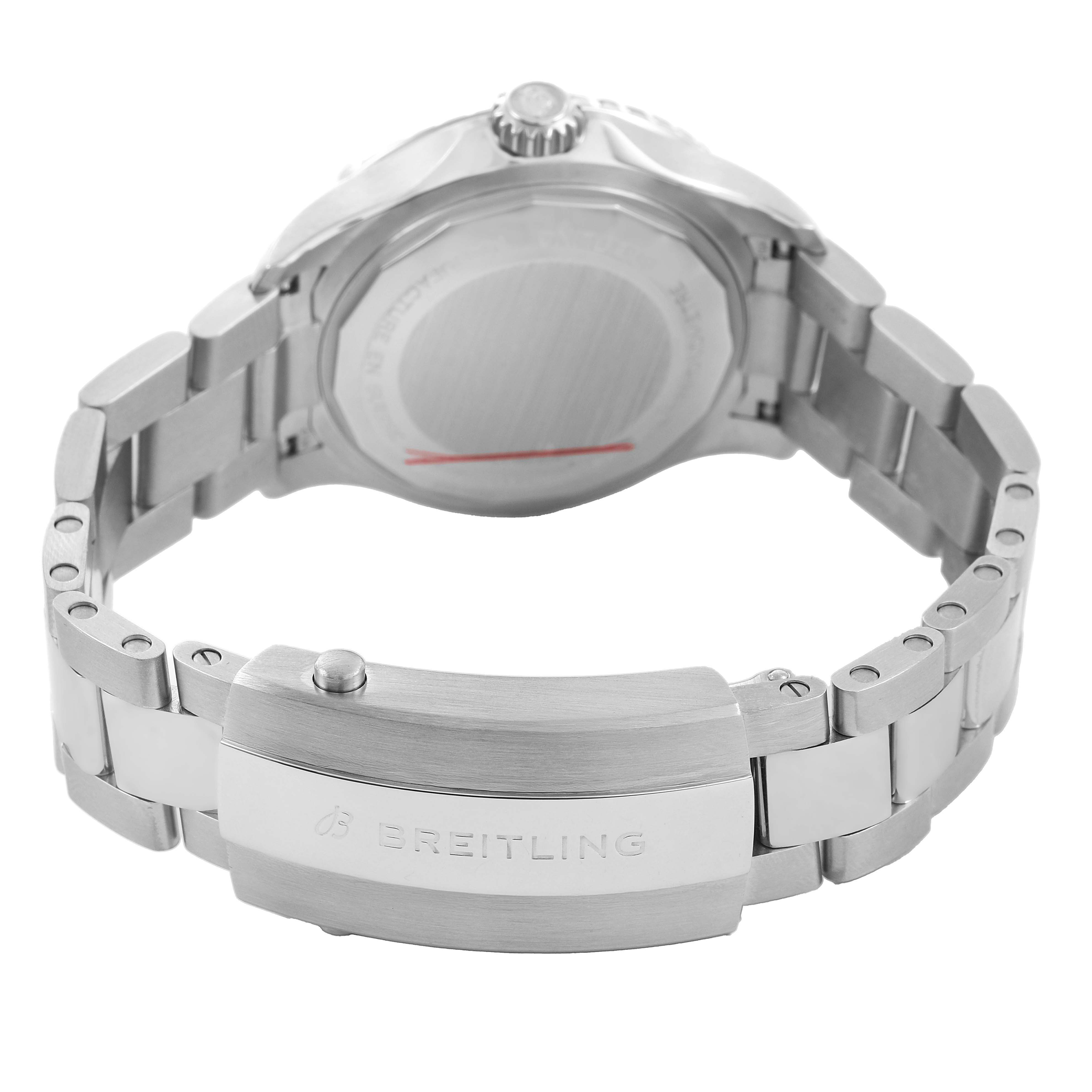 The image shows the back and clasp of a Breitling A17377211C1A1 Women's Stainless Steel Blue Dial Superocean 36 Steel Ladies Watch A17377.