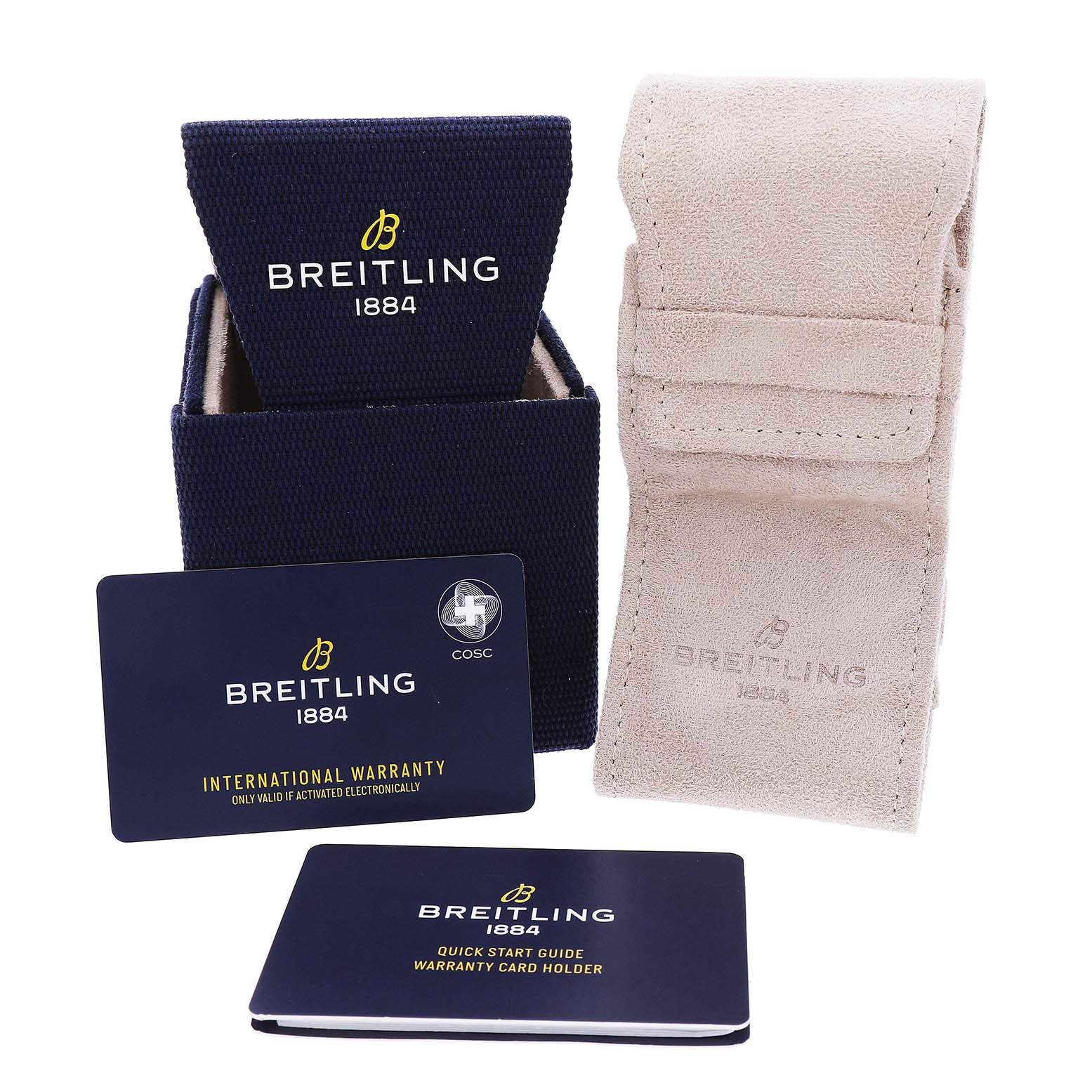 The image shows the packaging, warranty card, and holder for the Breitling A17377211C1A1 Women's Stainless Steel Blue Dial Superocean 36 Steel Ladies Watch A17377.