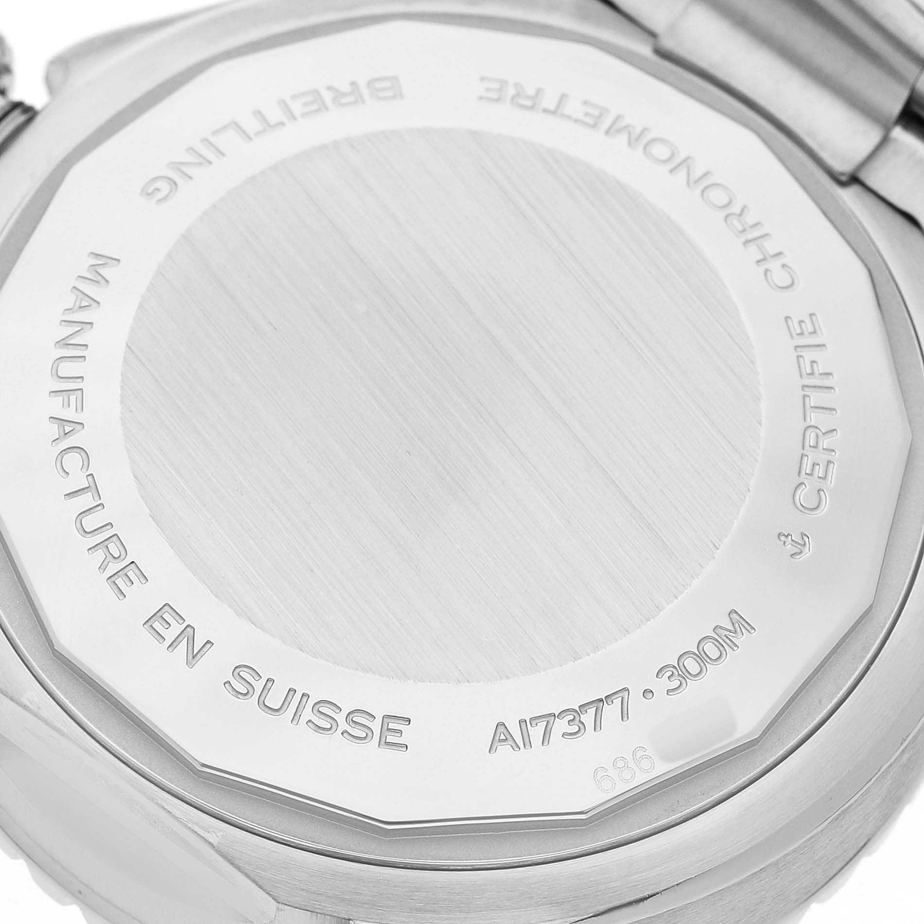 The image shows the backside of the Breitling A17377211C1A1 Women's Stainless Steel Blue Dial Superocean 36 White Blue Dial Steel Ladies Watch A17377, highlighting the case back details.