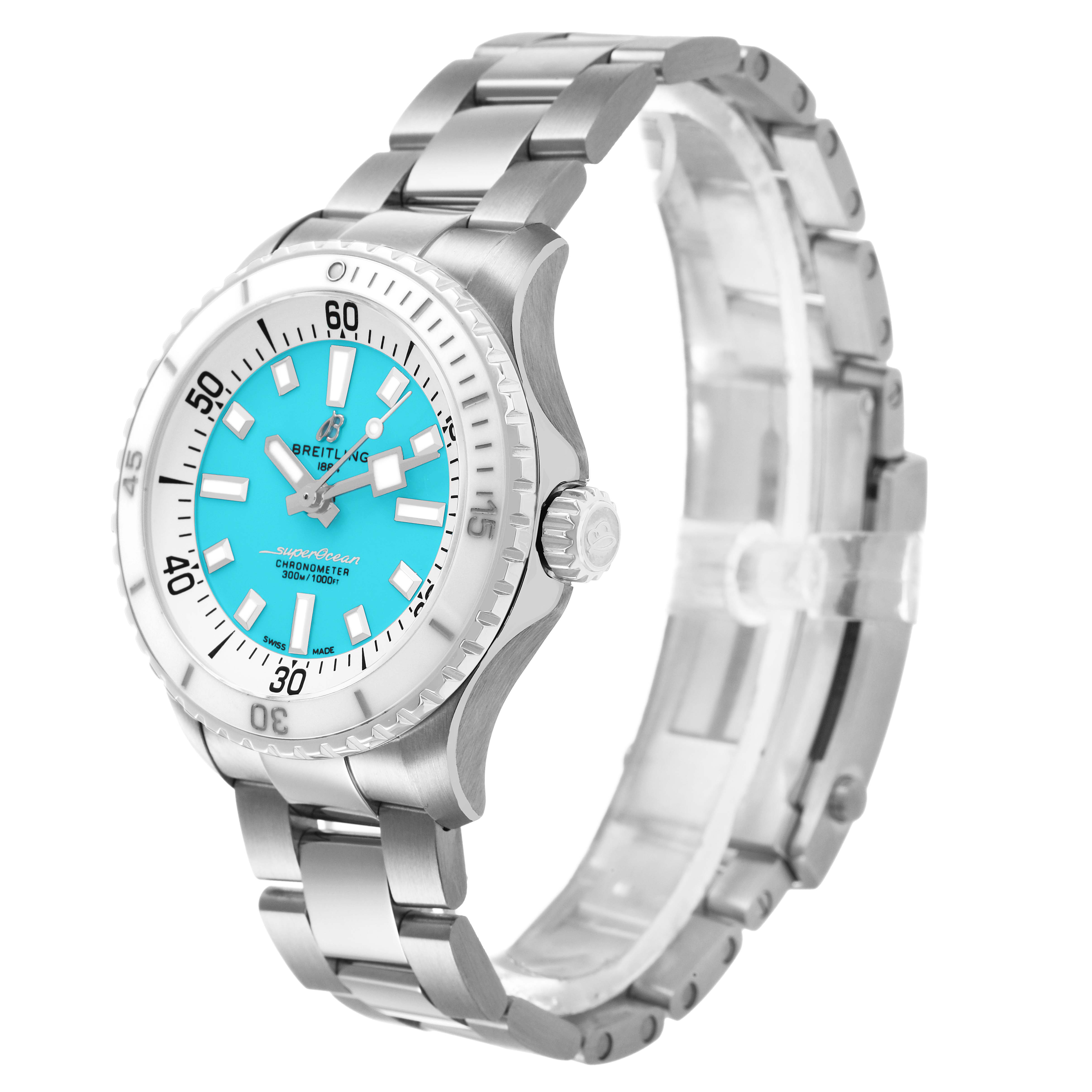 The Breitling A17377211C1A1 Women's Stainless Steel Blue Dial Superocean 36 A17377 watch is shown at an angle highlighting the blue dial, steel case, and bracelet.