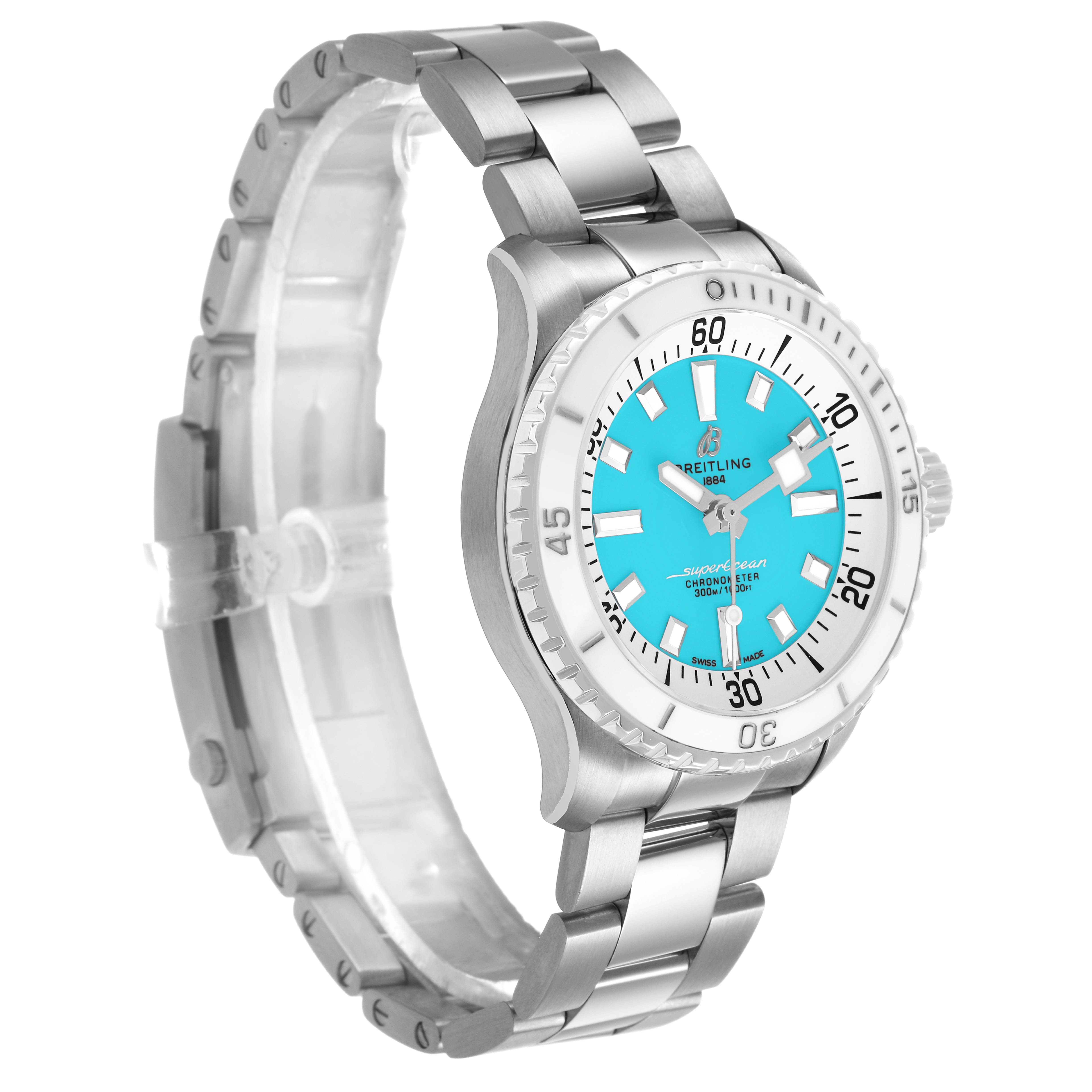 The Breitling A17377211C1A1 Women's Stainless Steel Blue Dial Superocean 36 White Blue Dial Steel Ladies Watch A17377 is shown from a side-angle, highlighting the dial, bezel, and bracelet.