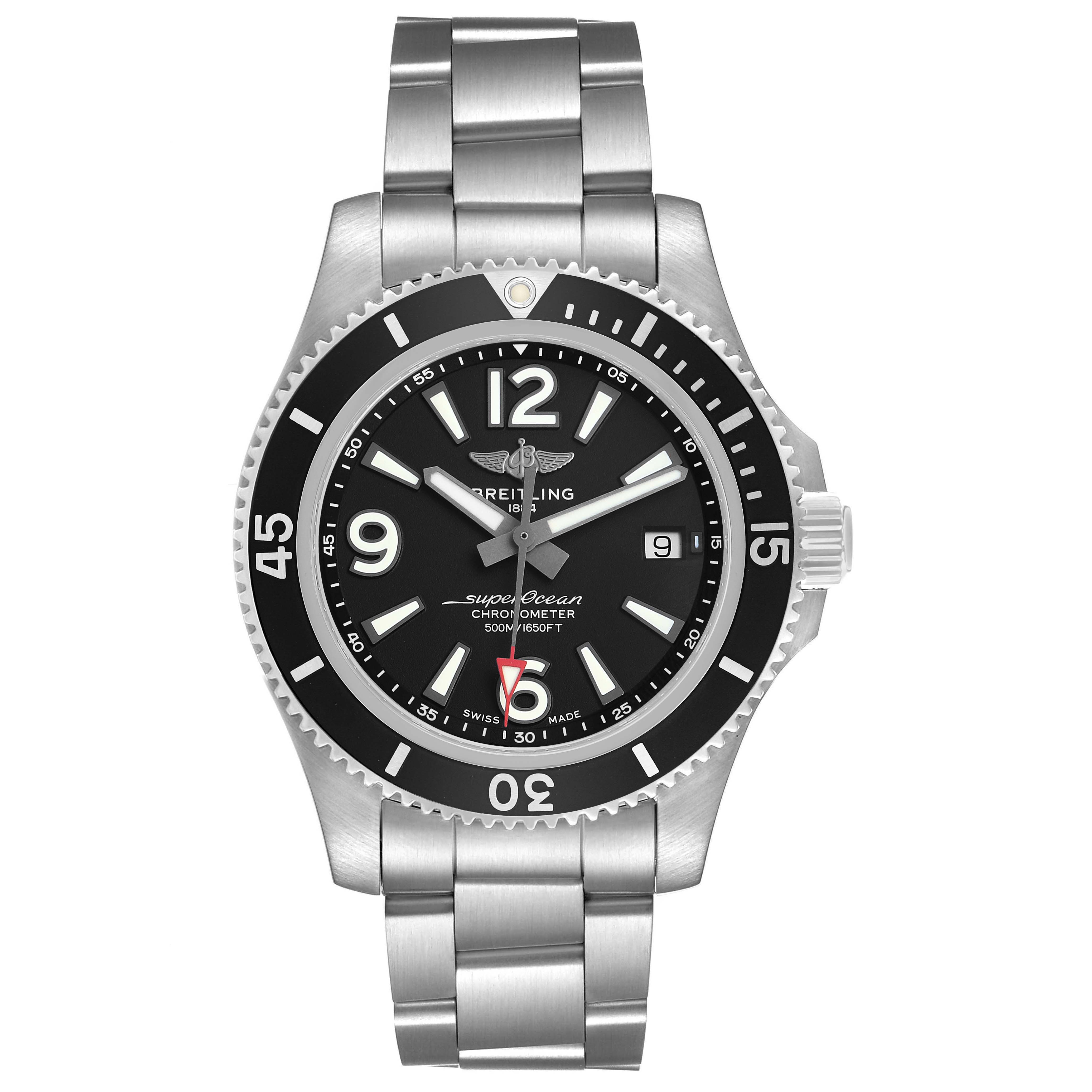 The Breitling Superocean A17366 Men's Stainless Steel Black Dial watch is shown from the front, featuring its face, bezel, crown, and stainless steel bracelet.
