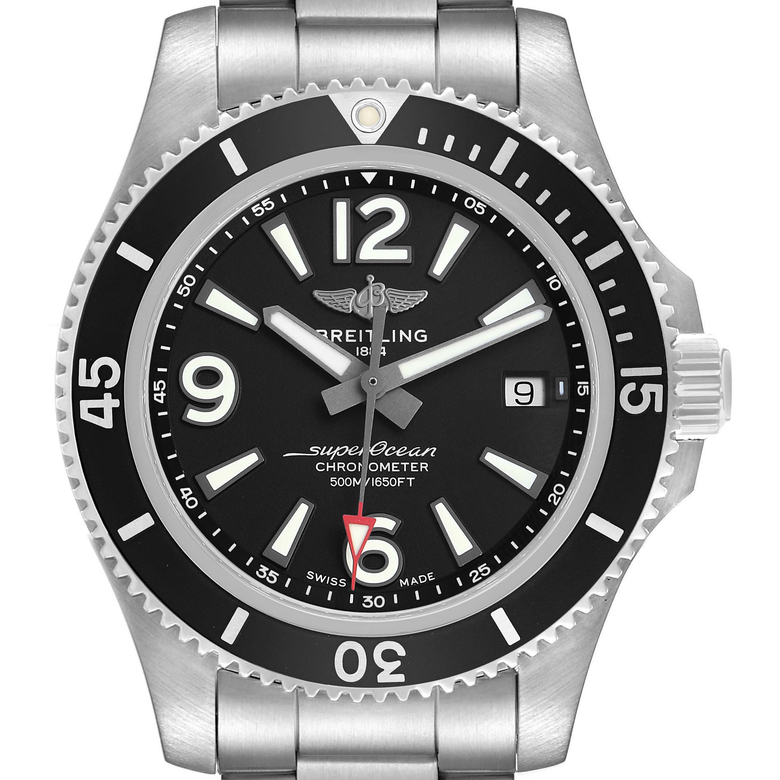 The Breitling Superocean A17366 Men's Stainless Steel Black Dial watch is shown from the front, displaying its dial, bezel, and part of the bracelet.