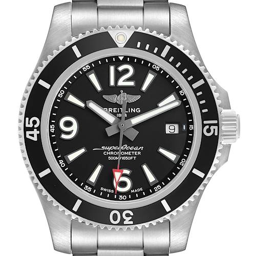 The Breitling Superocean A17366 Men's Stainless Steel Black Dial watch is shown from a front angle, featuring the bezel, dial, hands, and bracelet.