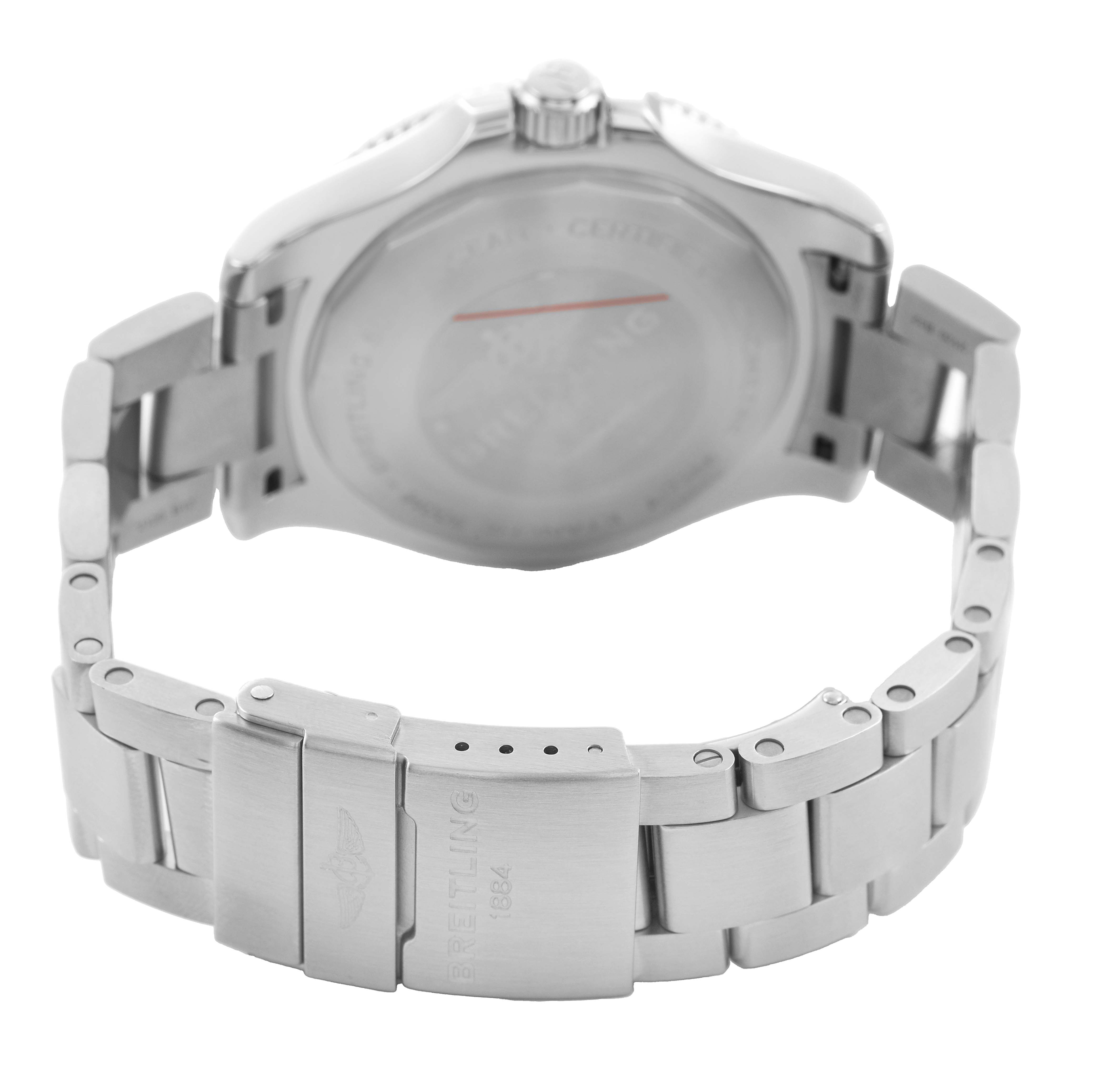 The image shows the back and bracelet of a Breitling Superocean A17366 Men's Stainless Steel Black Dial watch at an angled view, highlighting the clasp and links.