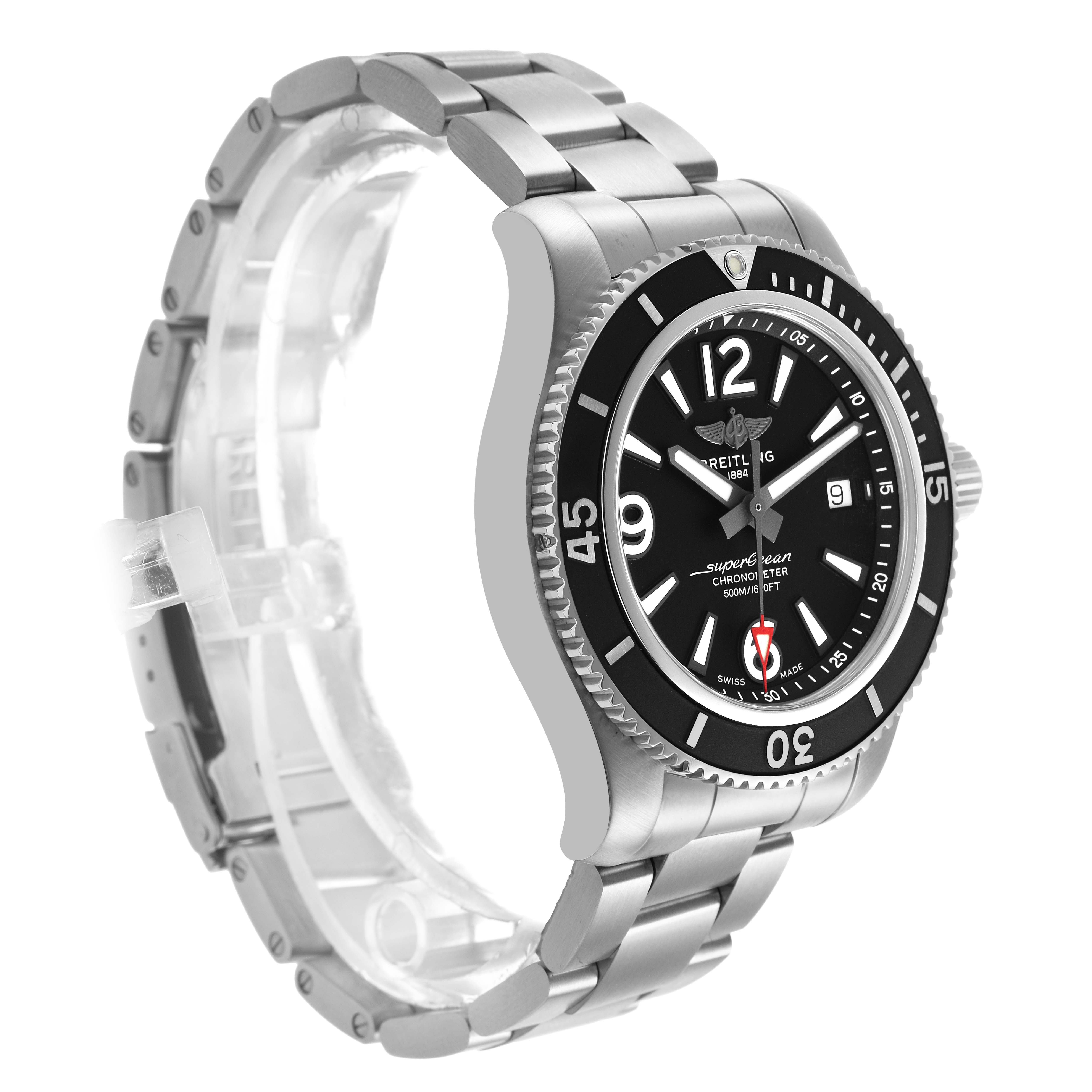 The Breitling Superocean A17366 Men's Stainless Steel Black Dial watch is shown at a three-quarter angle, featuring the face, bezel, and metal bracelet.