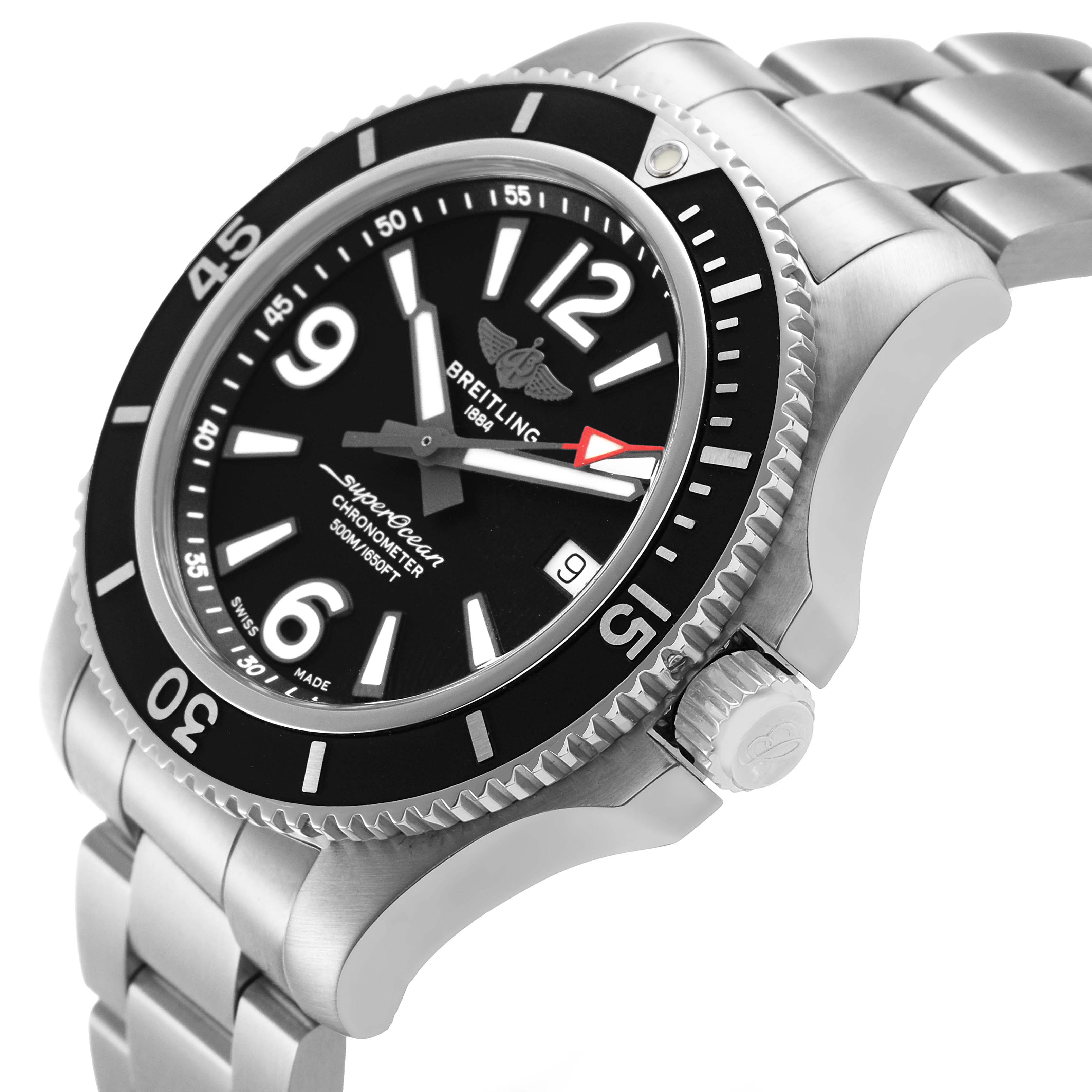 The Breitling Superocean A17366 Men's Stainless Steel Black Dial watch is shown in a three-quarter angle, highlighting the bezel, dial, crown, and part of the bracelet.