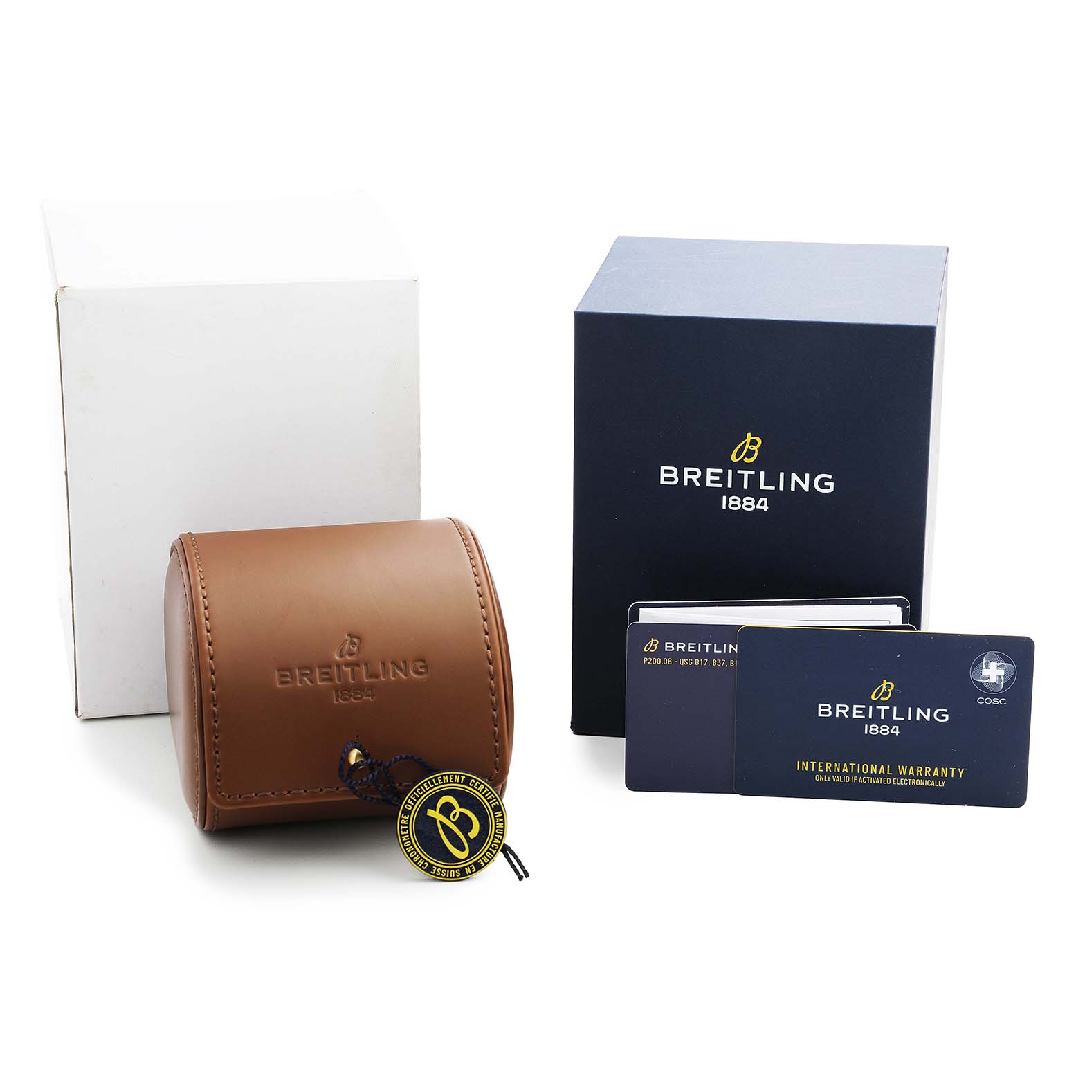 The image shows a Breitling Superocean A17366 Men's Stainless Steel Black Dial watch set, including a watch case, warranty cards, and packaging boxes from a front angle.