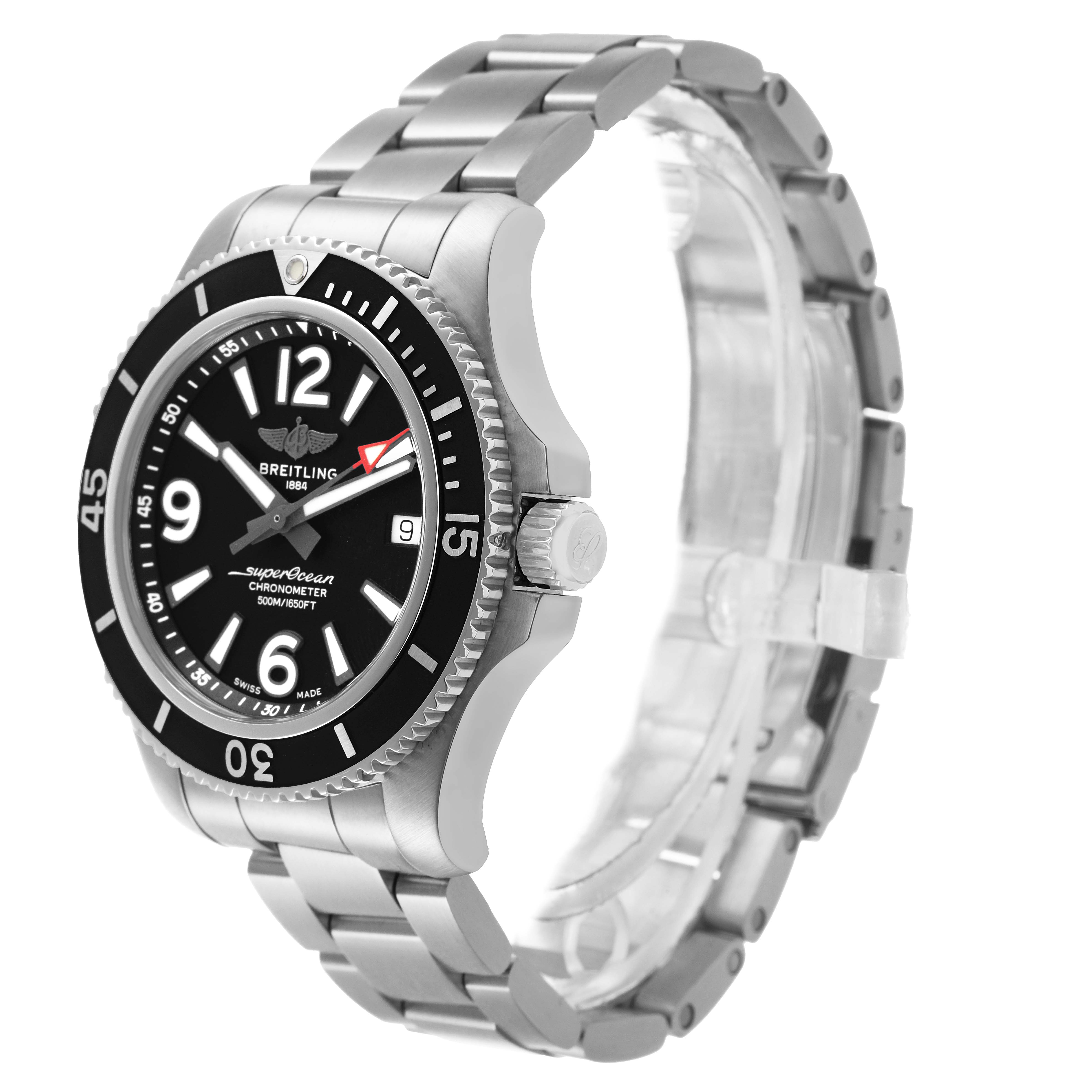 The Breitling Superocean A17366 Men's Stainless Steel Black Dial watch is shown at a three-quarter angle, highlighting the bezel, dial, case, and bracelet.