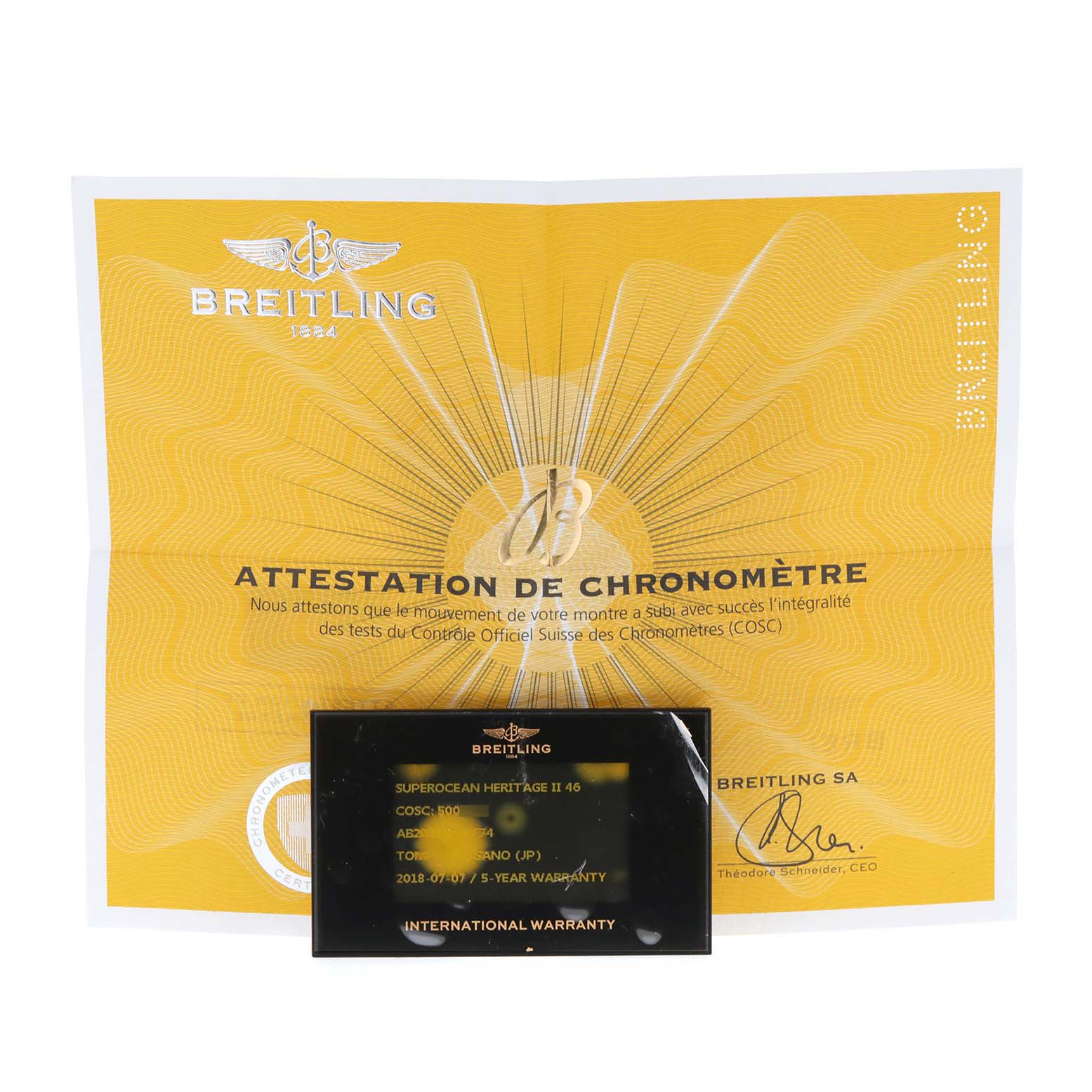 The image shows the warranty card and attestation document for the Breitling Superocean AB202016-C961-152A Men
s Stainless Steel Black Dial AB202016-C961-152A Men
s Stainless Steel Black Dial model.