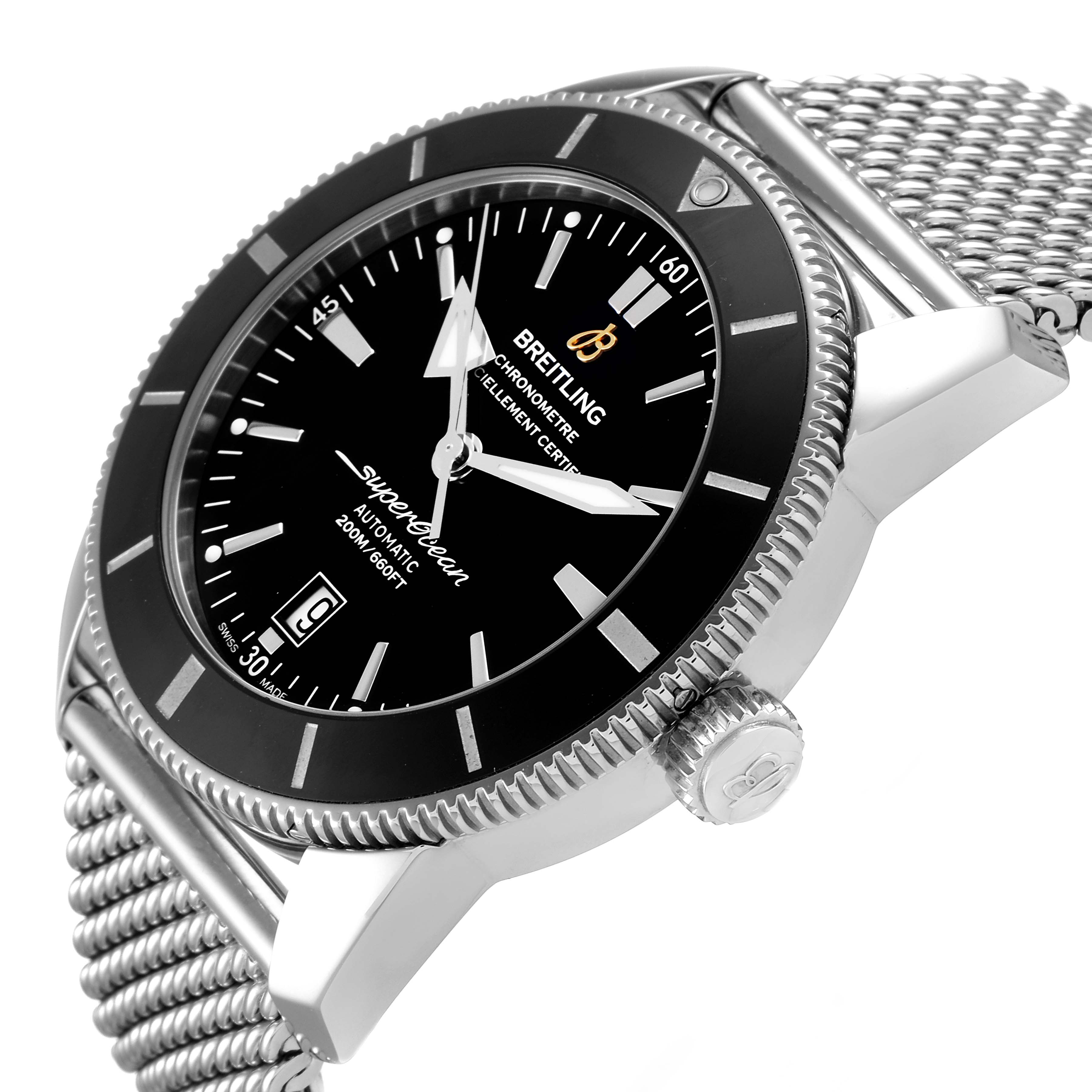 The image shows a Breitling Superocean AB202016-C961-152A Men
s Stainless Steel Black Dial AB202016-C961-152A Men
s Stainless Steel Black Dial watch from an angled perspective, highlighting the watch face, bezel, crown, and metal mesh strap.