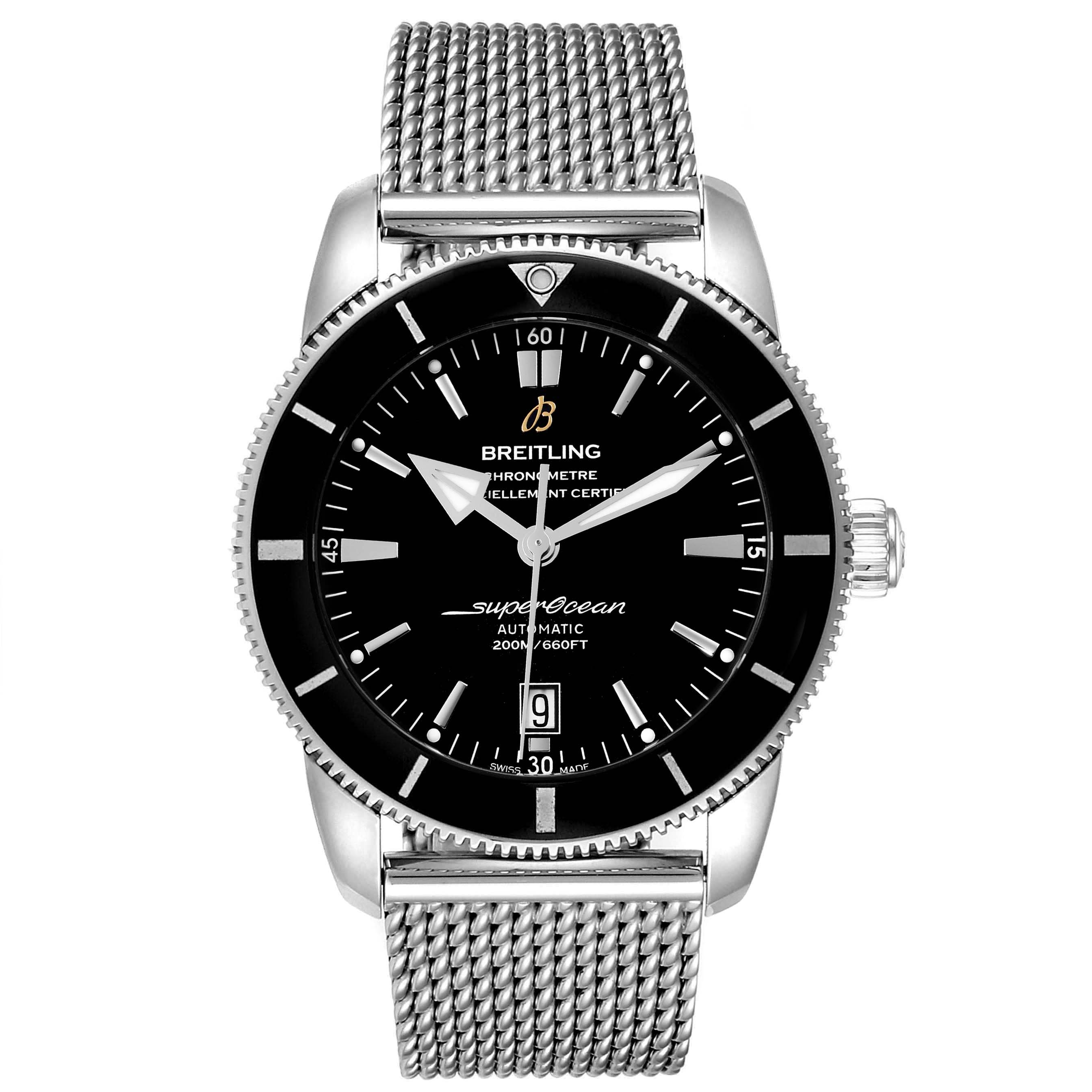 The image shows a frontal view of a Breitling Superocean AB202016-C961-152A Men
s Stainless Steel Black Dial AB202016-C961-152A Men
s Stainless Steel Black Dial watch with a black dial and a mesh stainless steel bracelet.