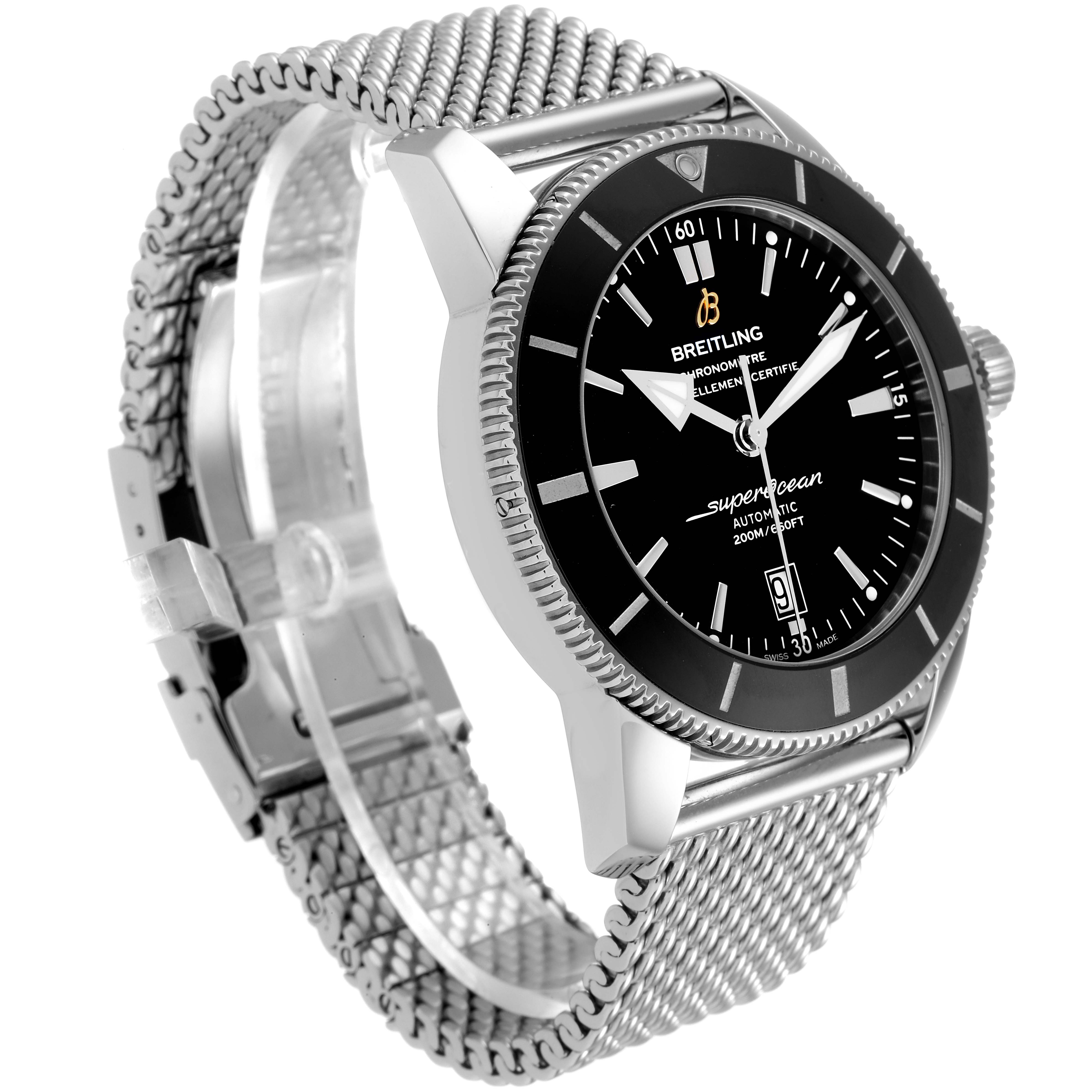 The image shows a side-angle view of the Breitling Superocean AB202016-C961-152A Men
s Stainless Steel Black Dial AB202016-C961-152A Men
s Stainless Steel Black Dial, highlighting its black dial, bezel, crown, and mesh strap.