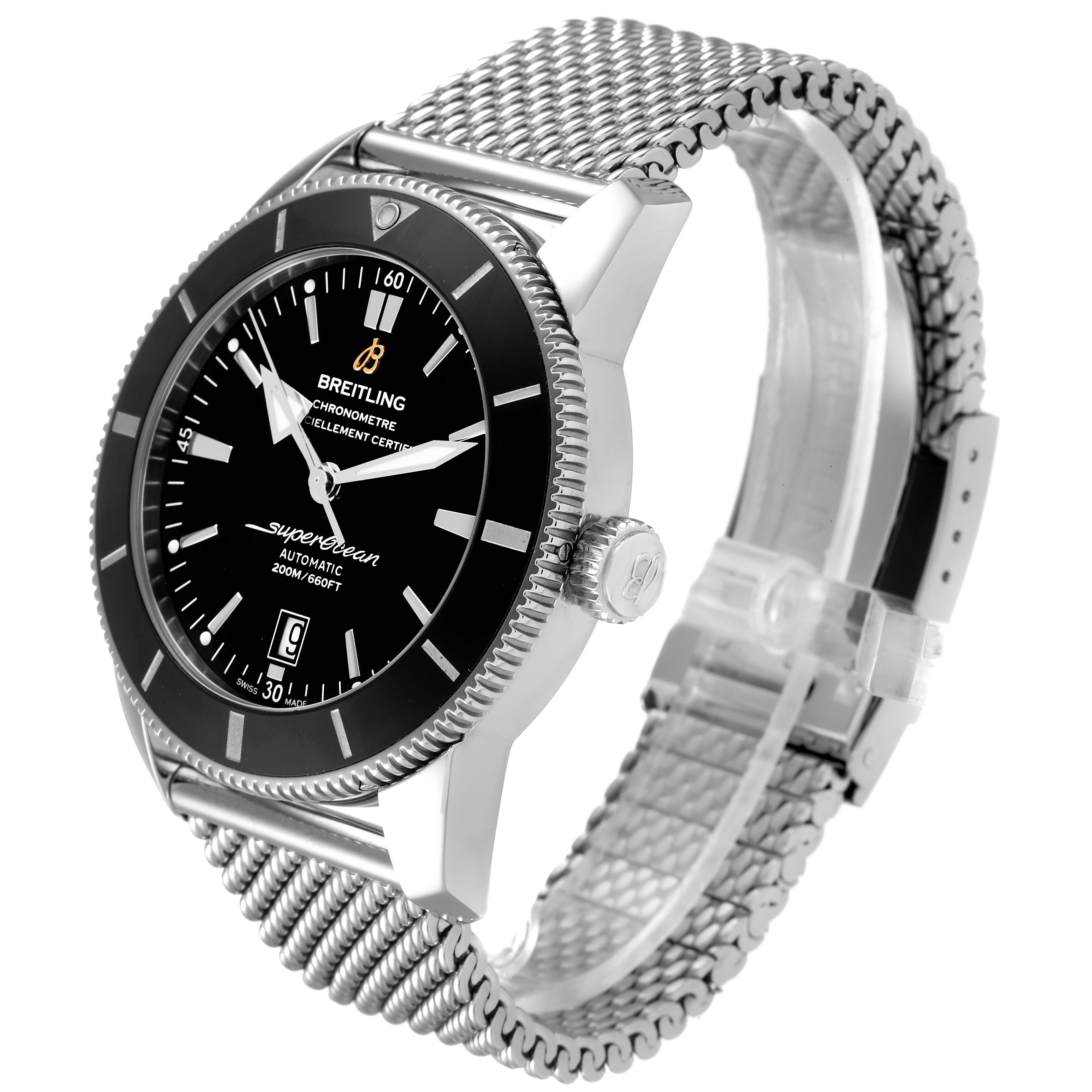 This image shows the Breitling Superocean AB202016-C961-152A Men
s Stainless Steel Black Dial AB202016-C961-152A Men
s Stainless Steel Black Dial watch from a three-quarter angle, displaying its dial, bezel, crown, and mesh strap.