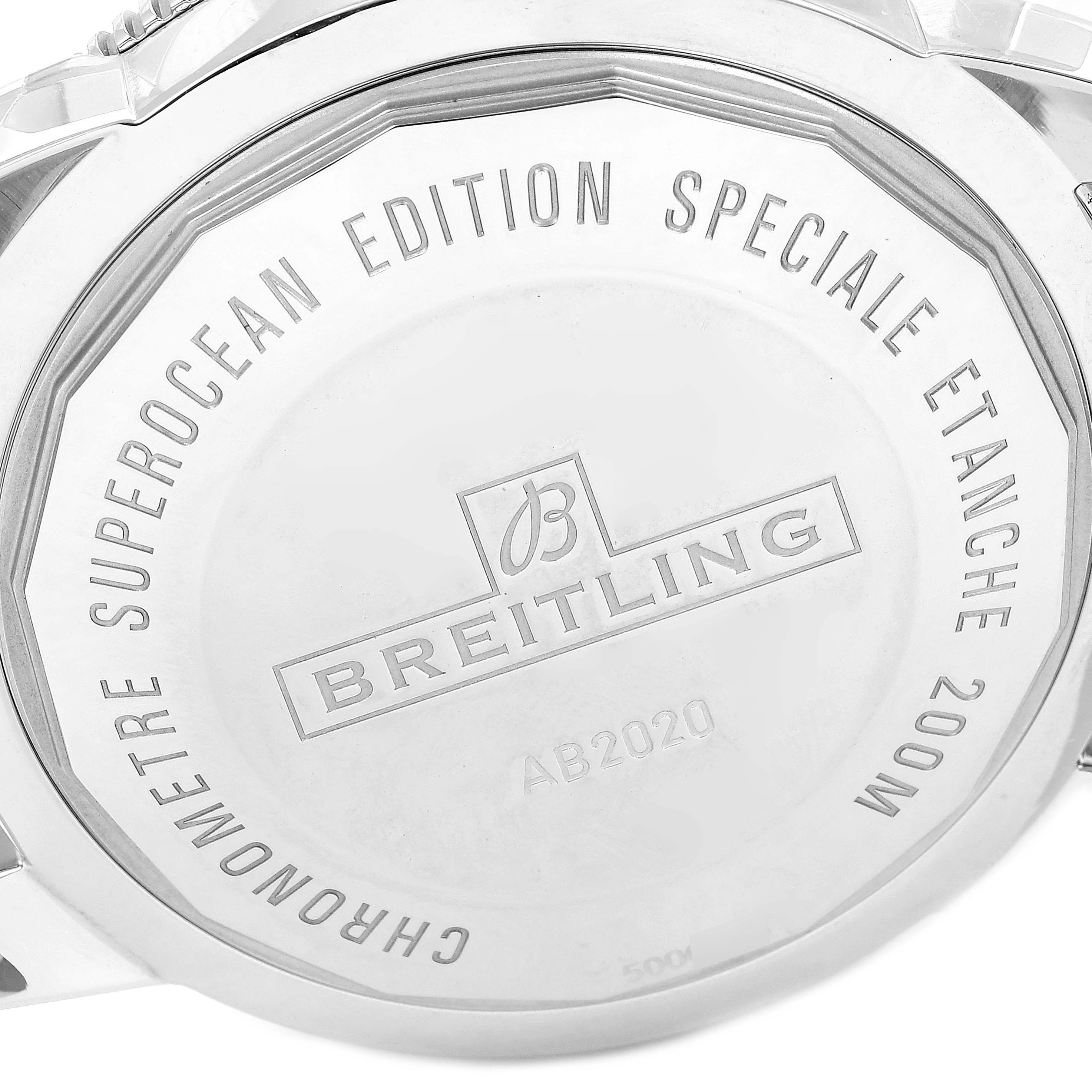 This image shows the case back of the Breitling Superocean AB202016-C961-152A Men
s Stainless Steel Black Dial AB202016-C961-152A Men
s Stainless Steel Black Dial watch, highlighting the engraved branding and model details.
