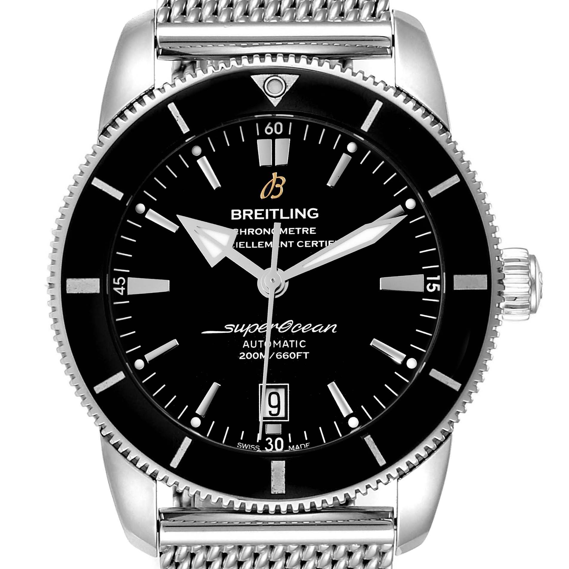 The image shows a front view of the Breitling Superocean AB202016-C961-152A Men
s Stainless Steel Black Dial AB202016-C961-152A Men
s Stainless Steel Black Dial watch, highlighting its dial, bezel, and part of its metal band.
