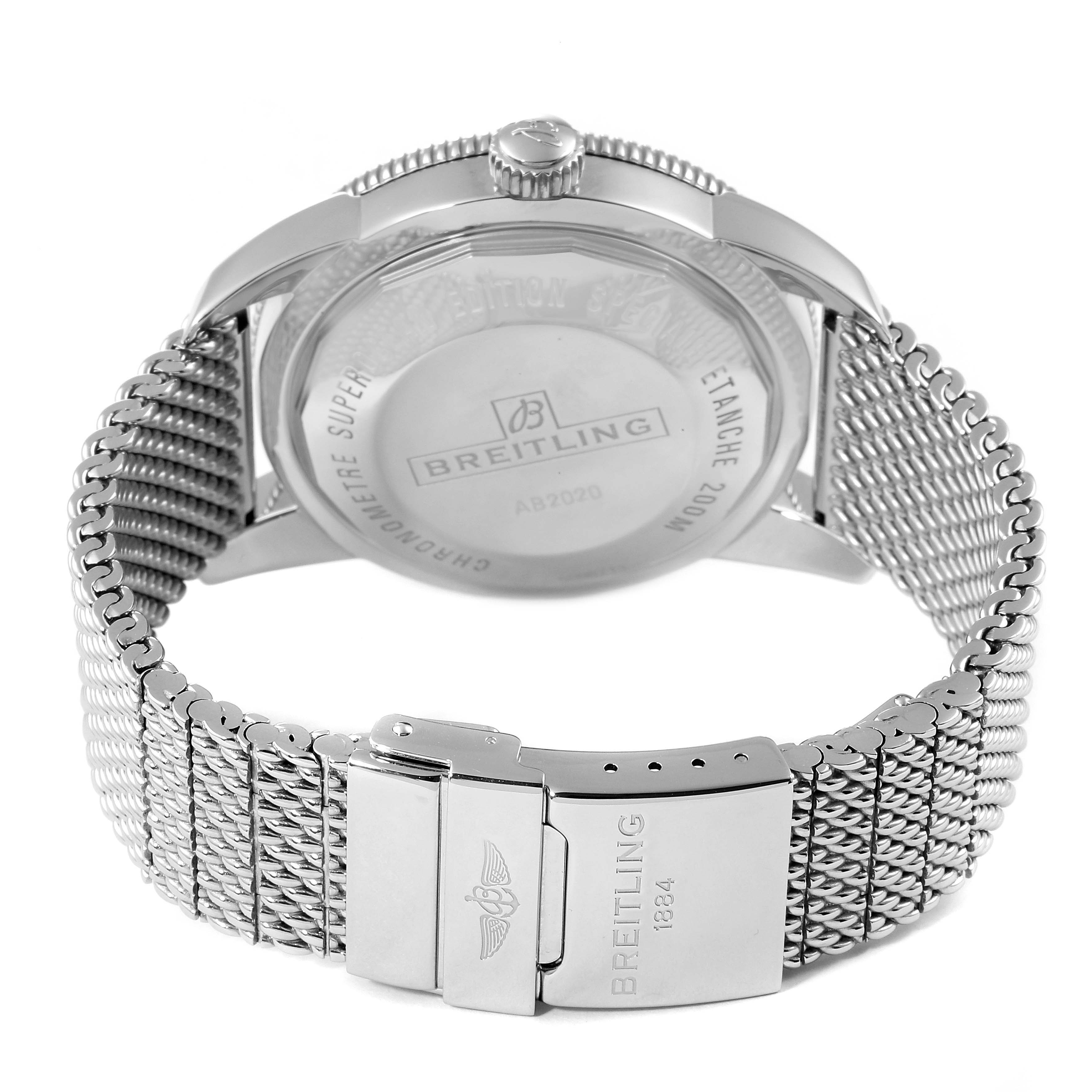 This image shows the back view of a Breitling Superocean AB202016-C961-152A Men
s Stainless Steel Black Dial AB202016-C961-152A Men
s Stainless Steel Black Dial watch, highlighting its case back, crown, and stainless steel mesh bracelet.
