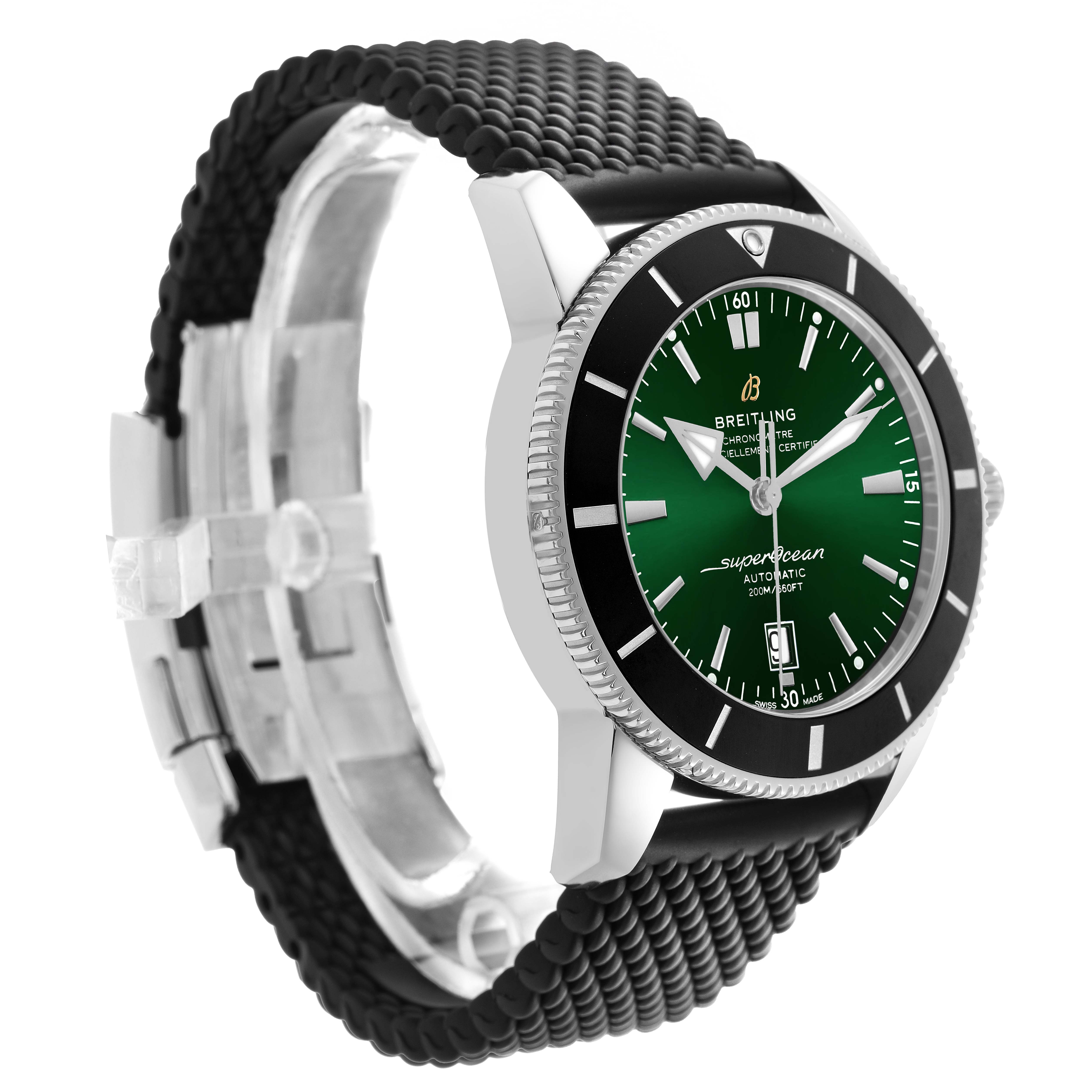 The Breitling Superocean AB2020121L1S1 Men's Stainless Steel Green Dial watch is shown at a slight angle, highlighting the green dial, bezel, and black strap.
