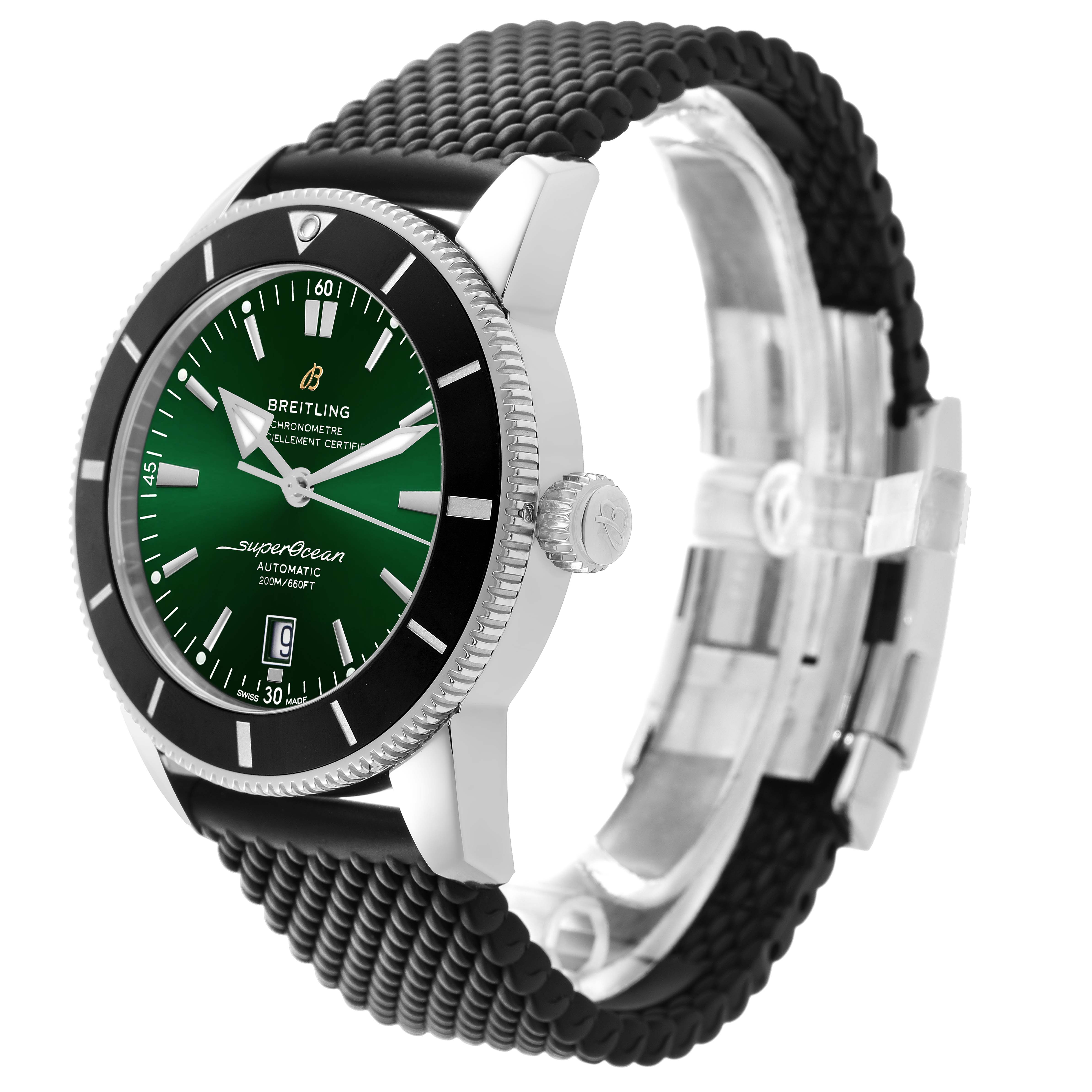 The Breitling Superocean AB2020121L1S1 Men's Stainless Steel Green Dial watch is shown at a three-quarter angle, displaying the green dial, bezel, crown, and black strap.