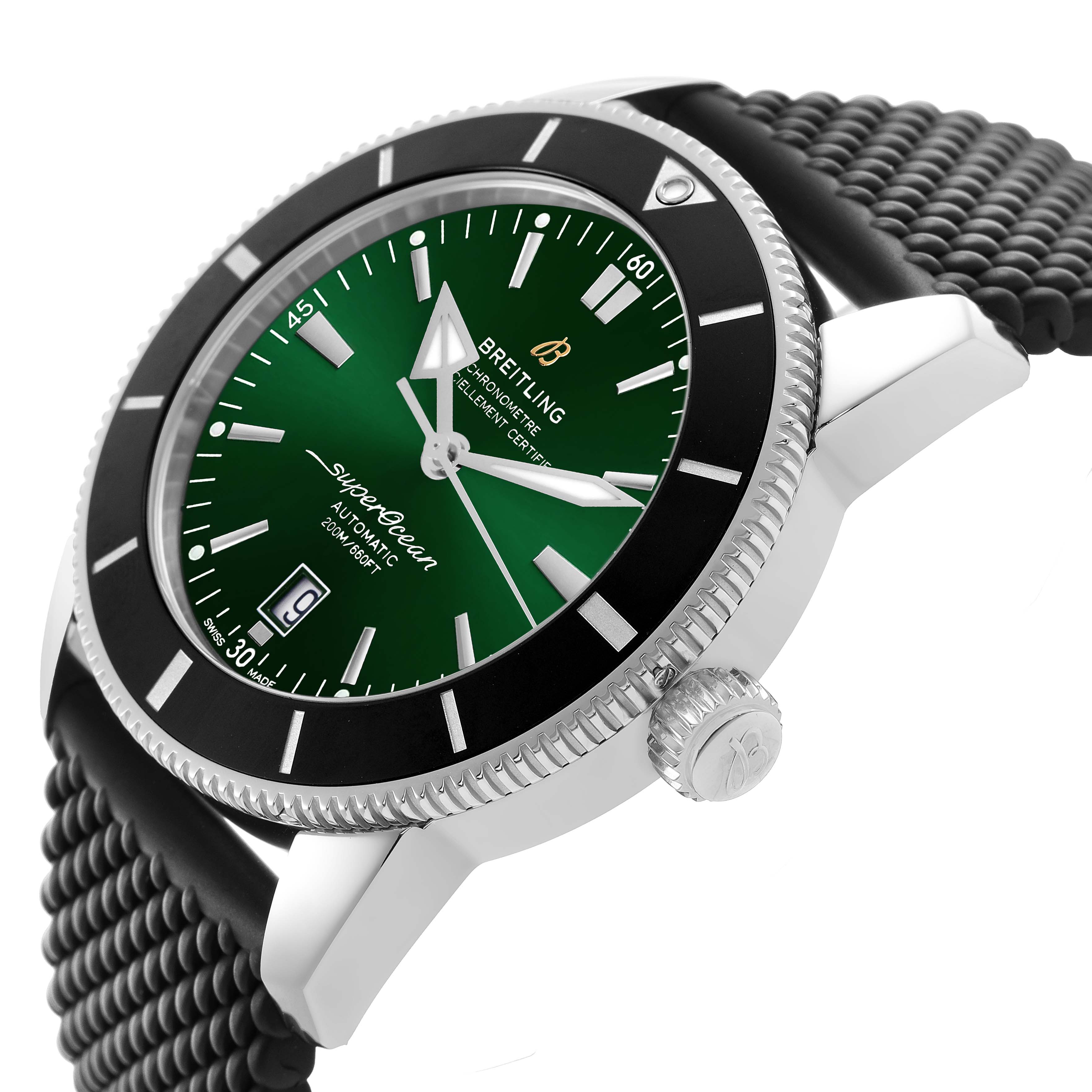 The Breitling Superocean AB2020121L1S1 Men's Stainless Steel Green Dial watch is shown at an angle highlighting the green dial, bezel, crown, and textured strap.